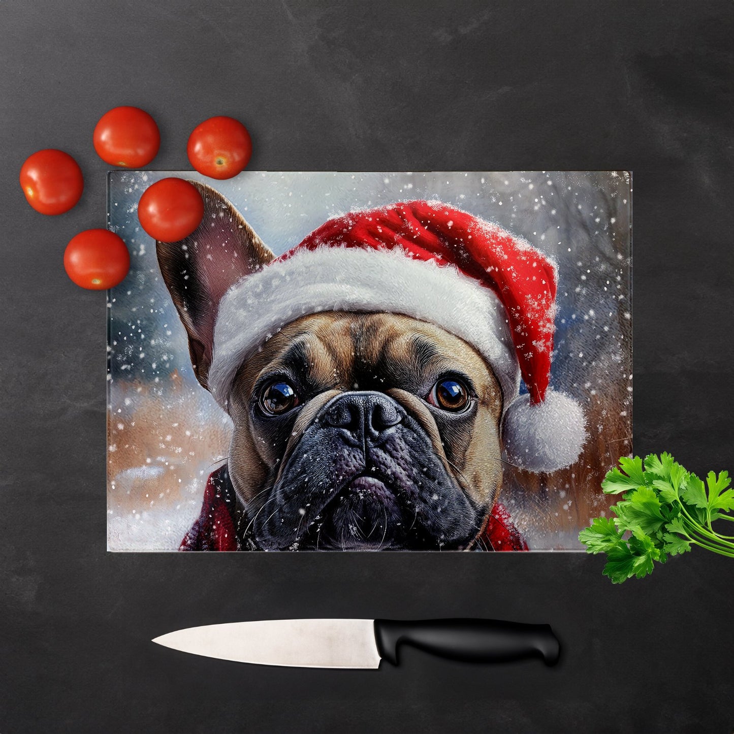 Christmas French Bulldog Glass Chopping Board