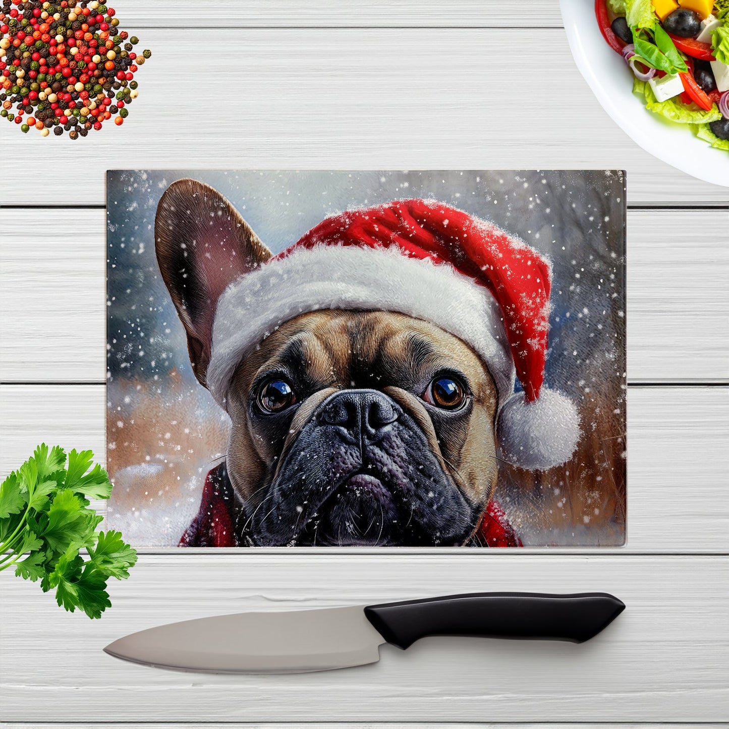 Christmas French Bulldog Glass Chopping Board