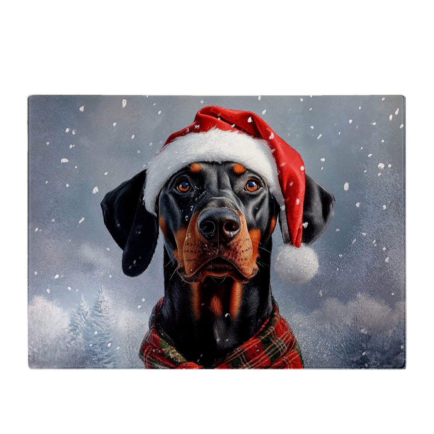 Snowy Christmas Doberman Glass Chopping Board