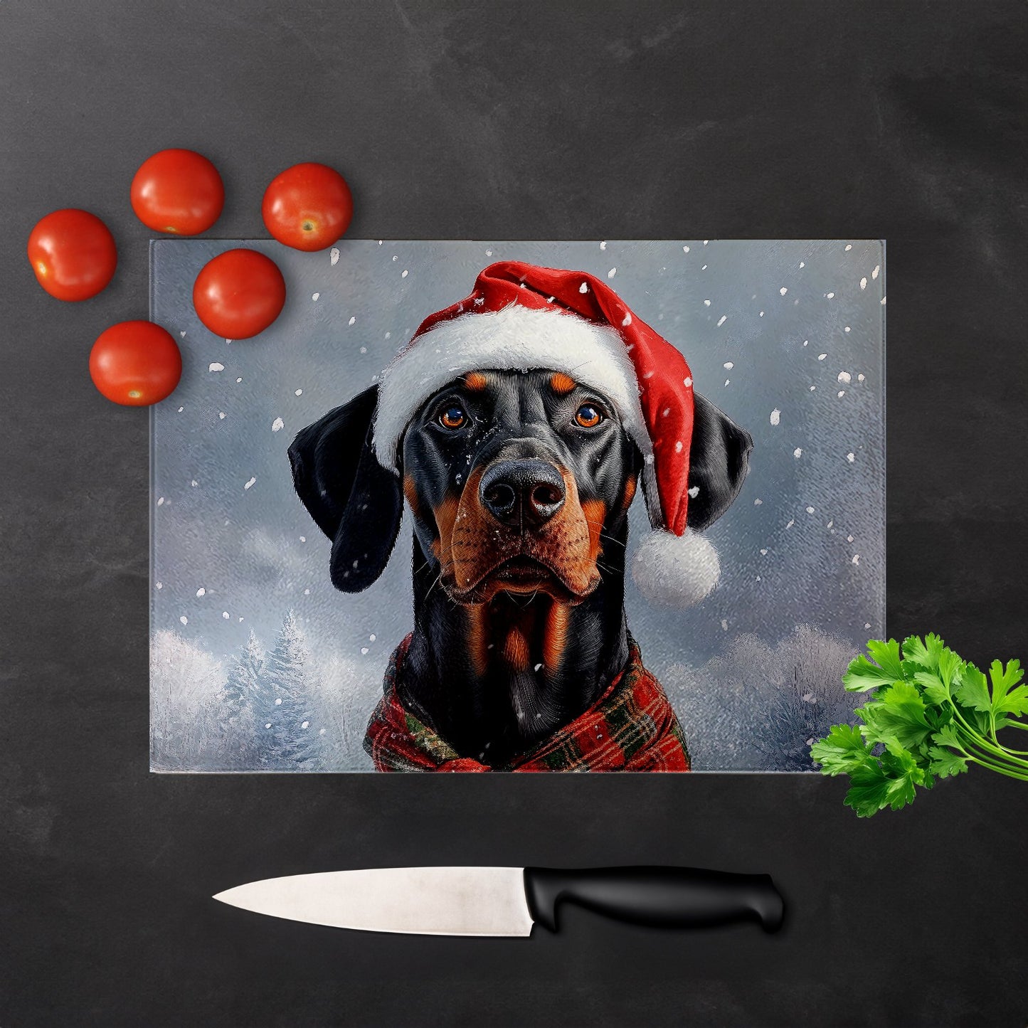 Snowy Christmas Doberman Glass Chopping Board