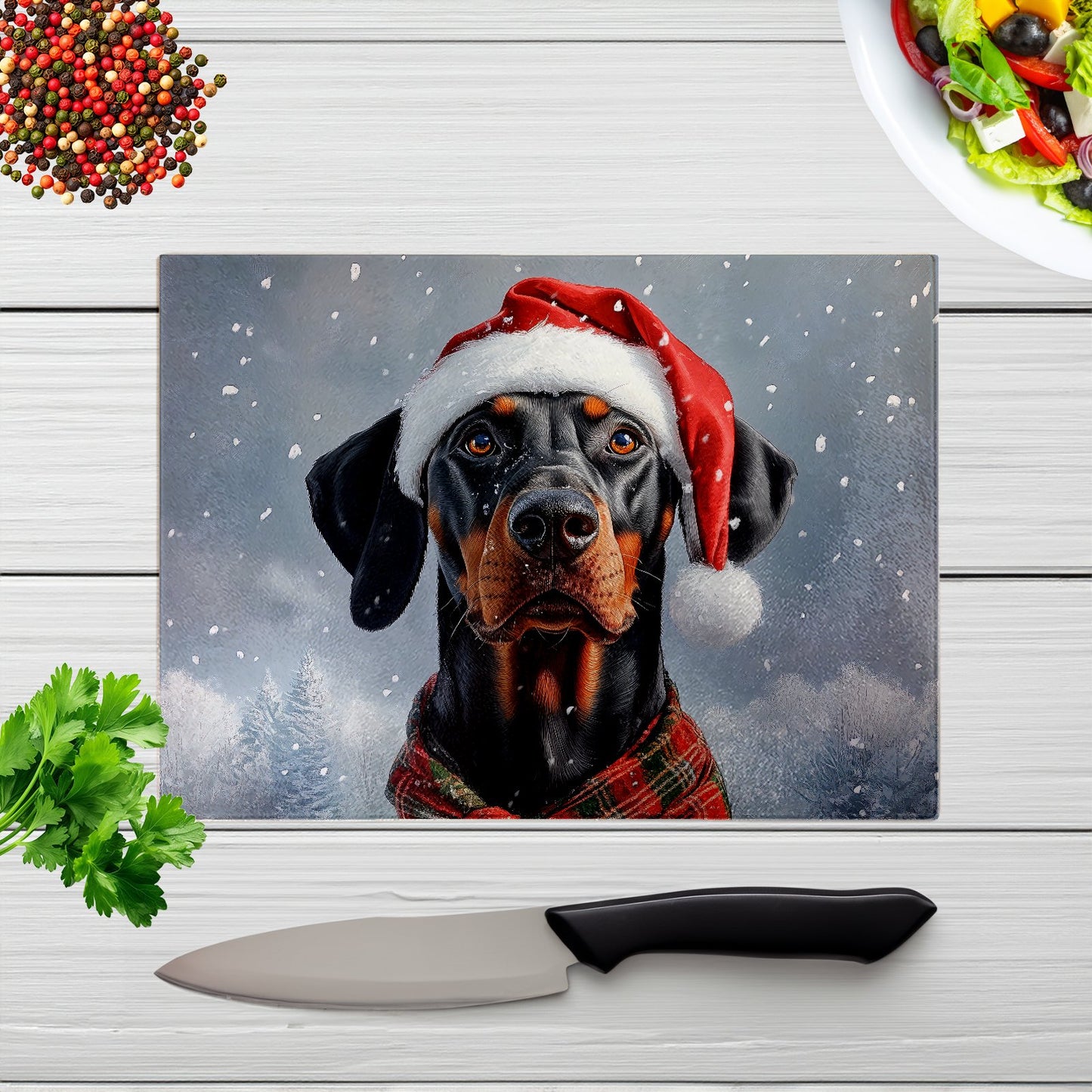 Snowy Christmas Doberman Glass Chopping Board