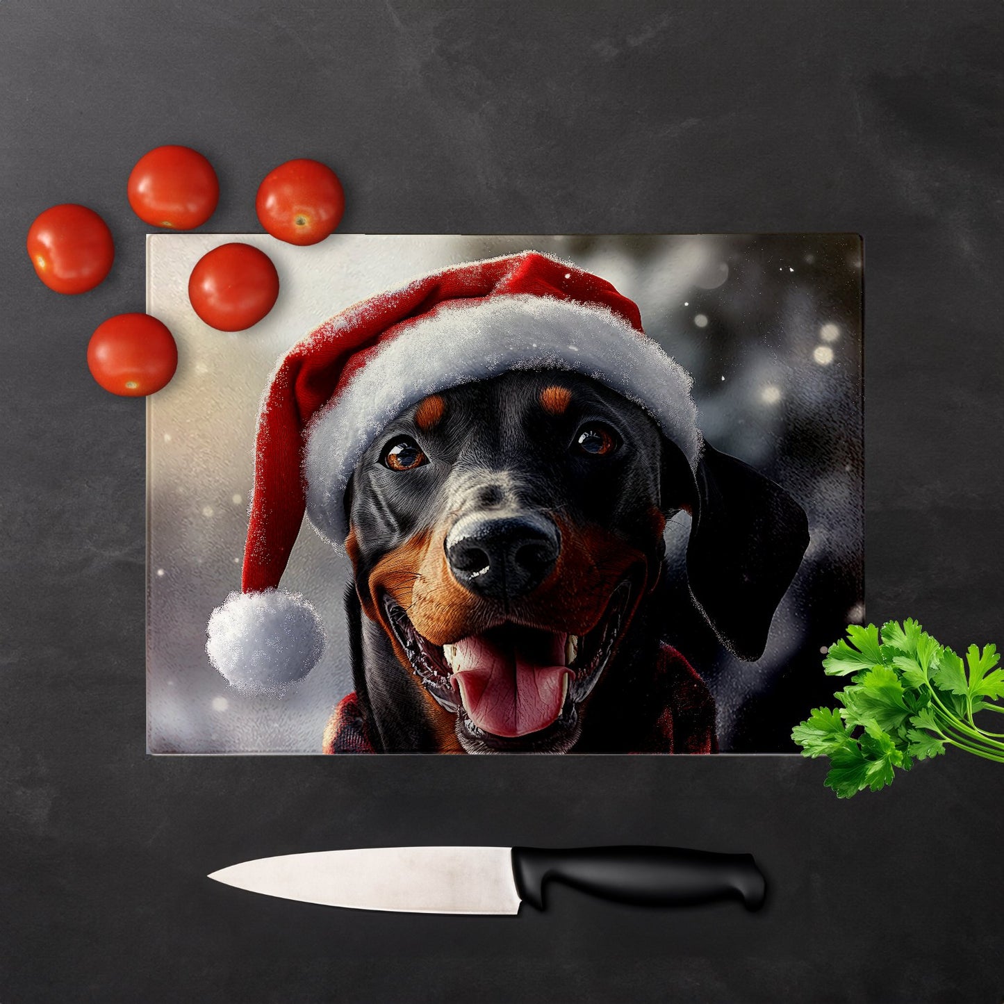 Christmas Doberman Glass Chopping Board