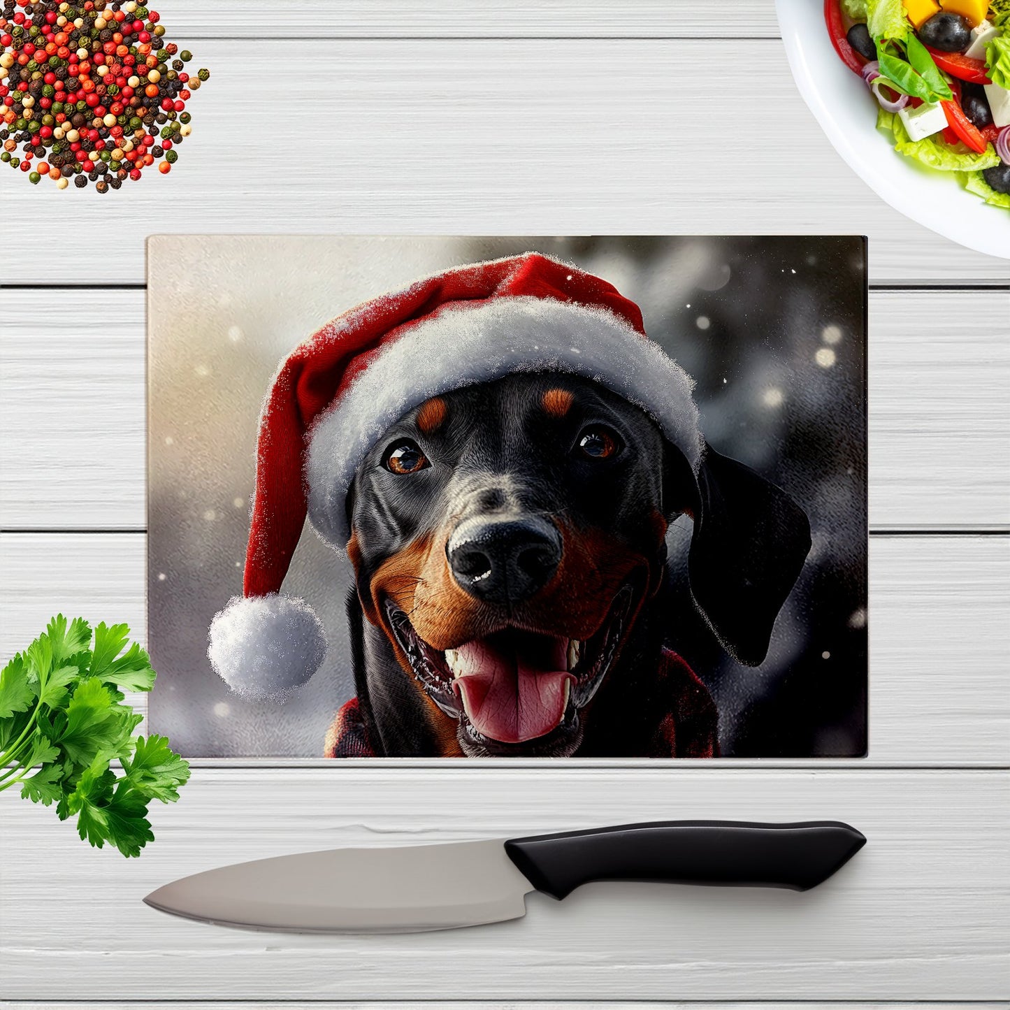 Christmas Doberman Glass Chopping Board