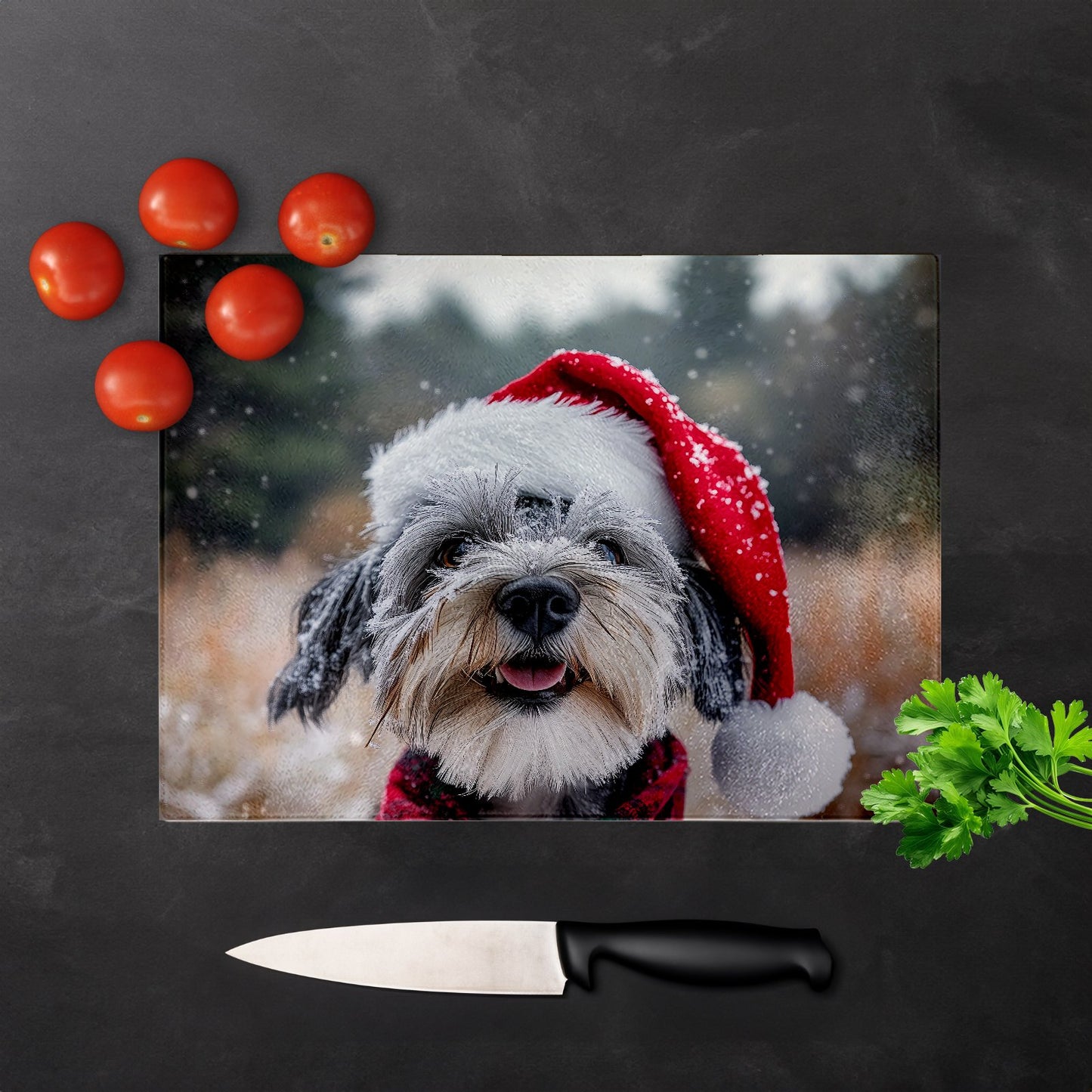 Snowy Christmas Dandie Dismount Terrier Glass Chopping Board