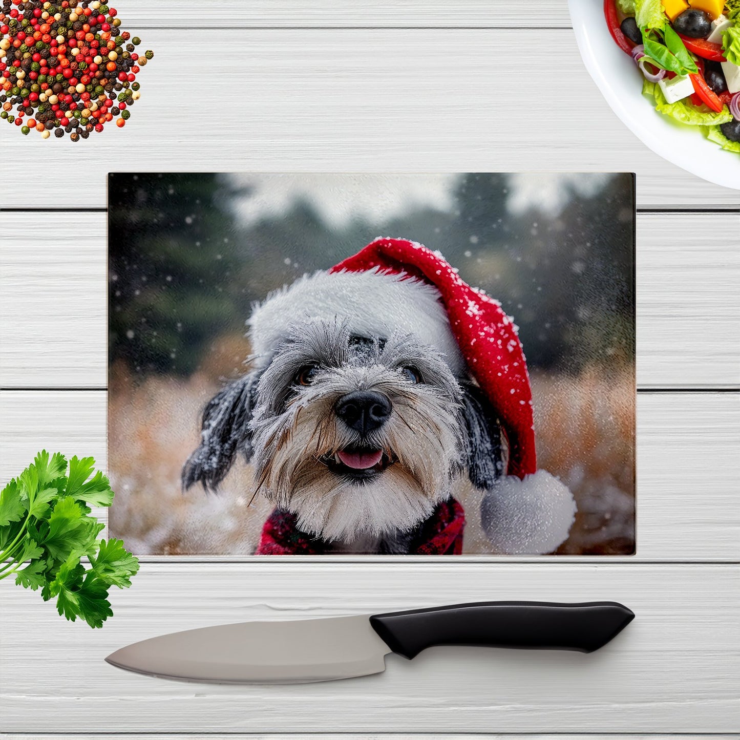 Snowy Christmas Dandie Dismount Terrier Glass Chopping Board