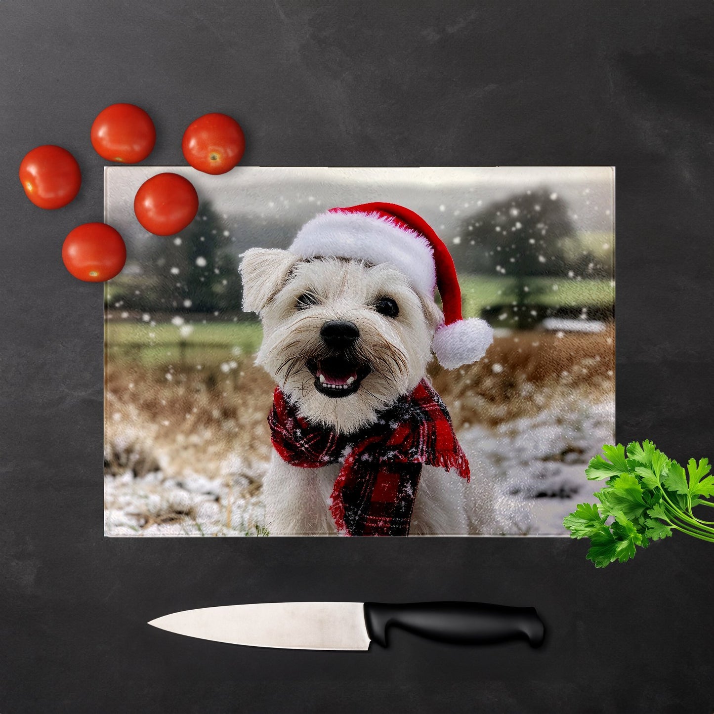 Christmas Dandie Dismount Terrier Glass Chopping Board