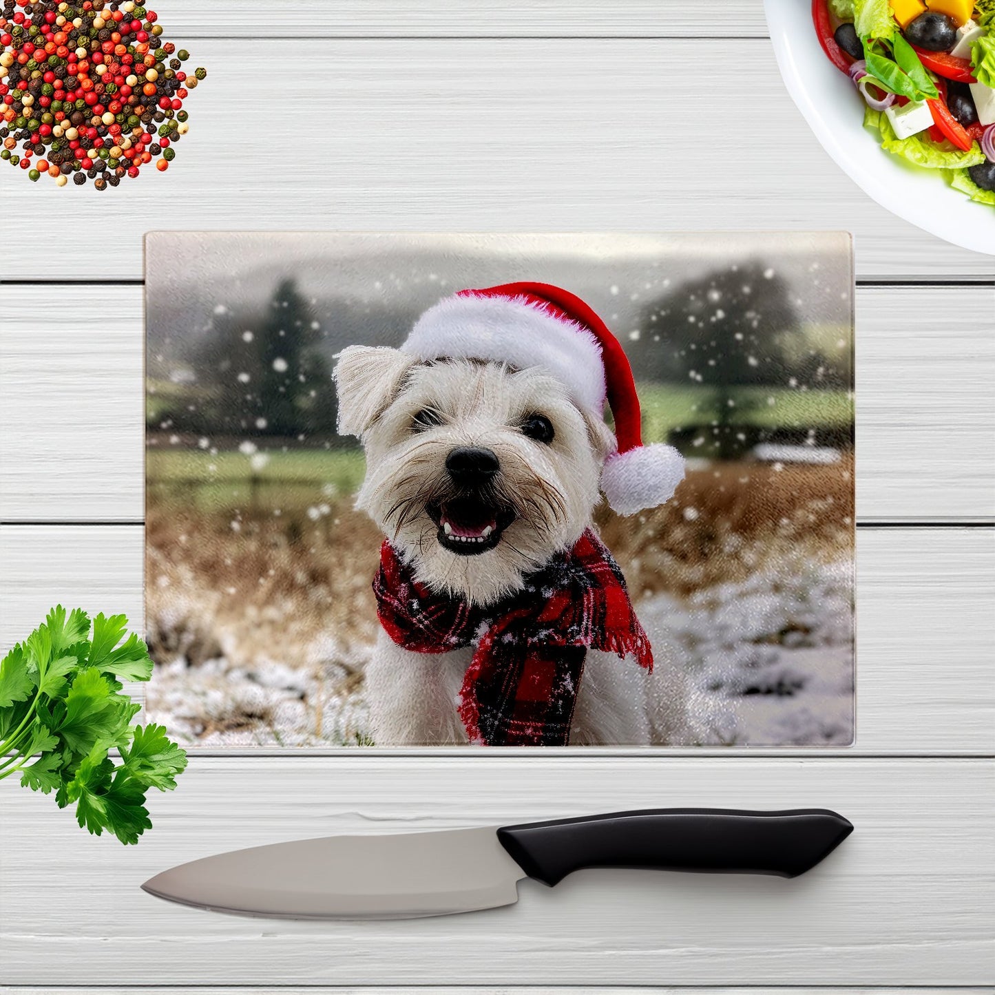 Christmas Dandie Dismount Terrier Glass Chopping Board