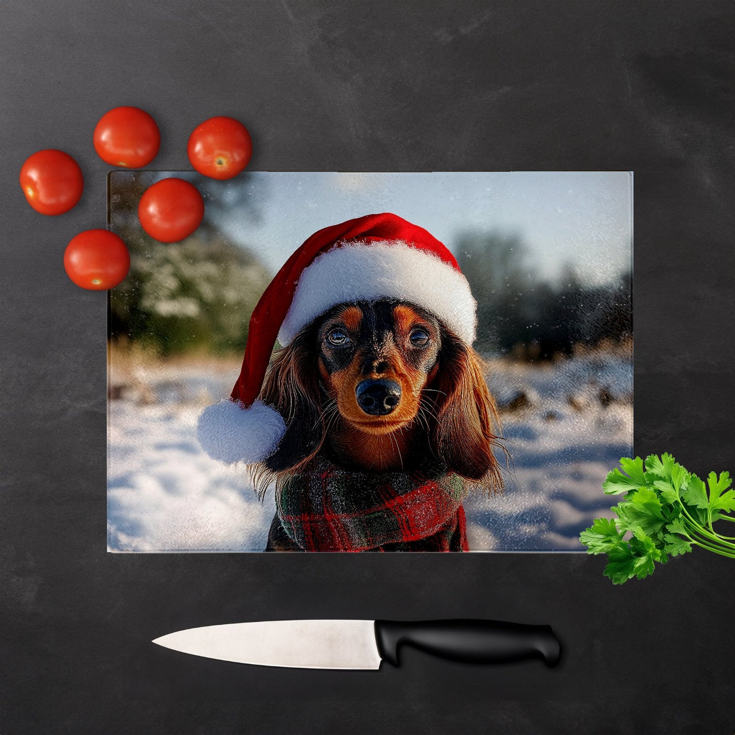 Christmas Dachshund Glass Chopping Board