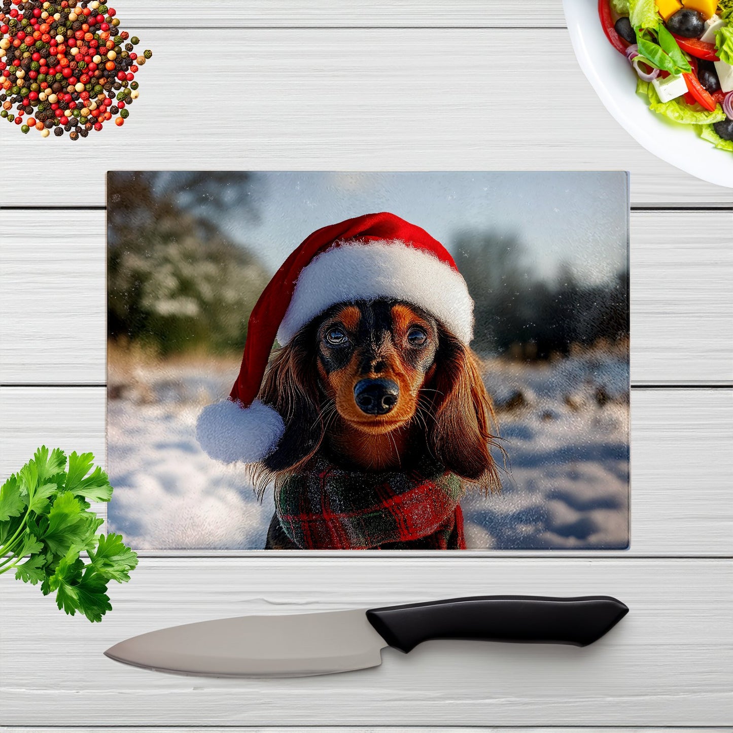 Christmas Dachshund Glass Chopping Board