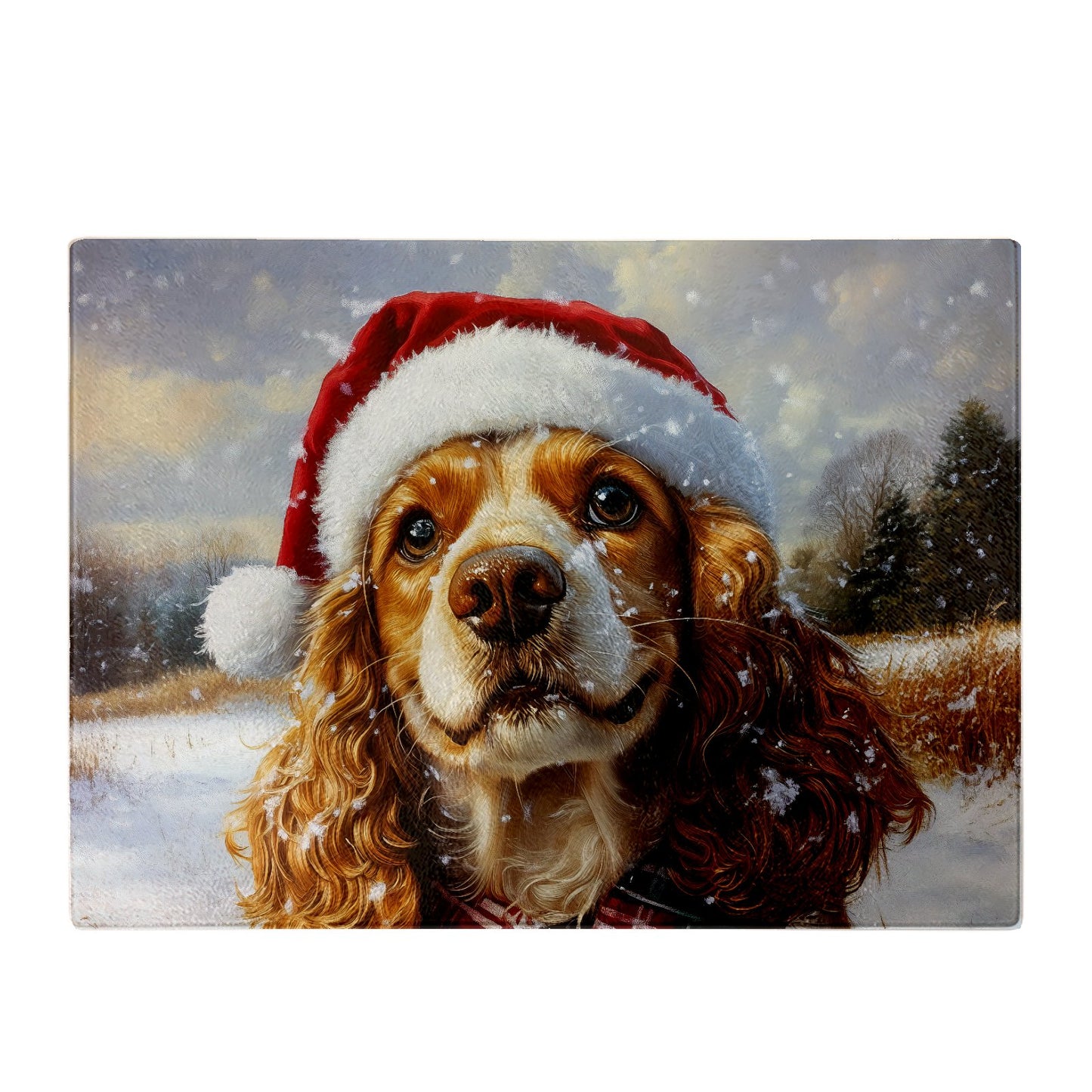 Snowy Christmas Cocker Spaniel Glass Chopping Board