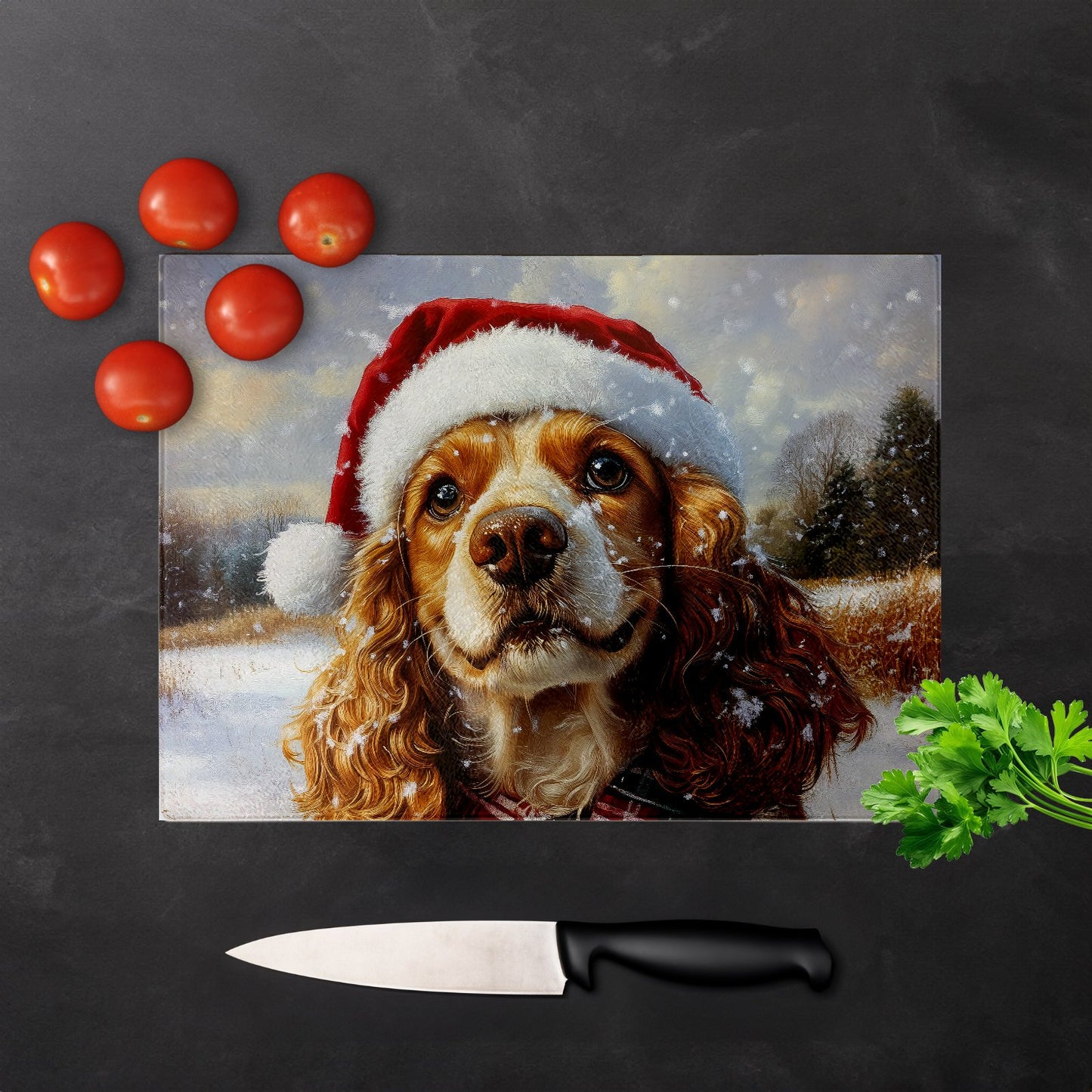 Snowy Christmas Cocker Spaniel Glass Chopping Board
