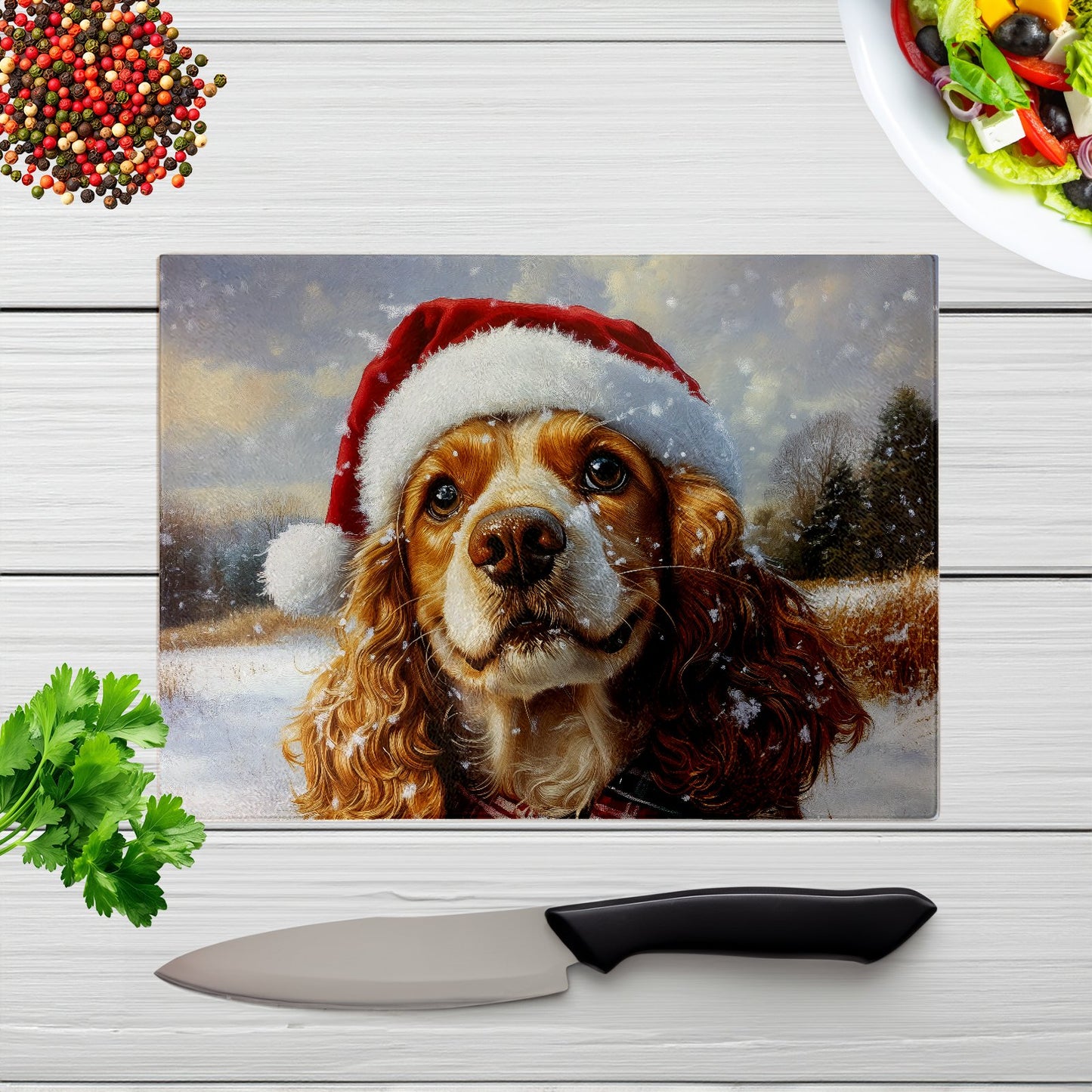 Snowy Christmas Cocker Spaniel Glass Chopping Board
