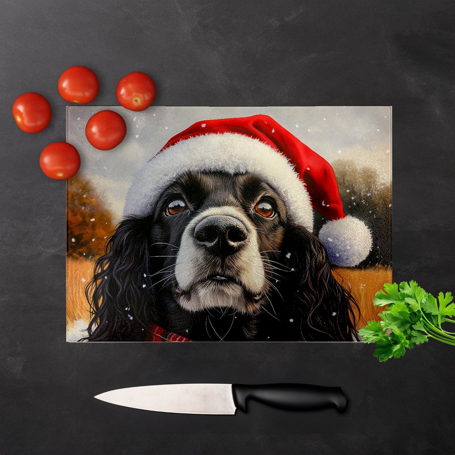 Christmas Cocker Spaniel Glass Chopping Board