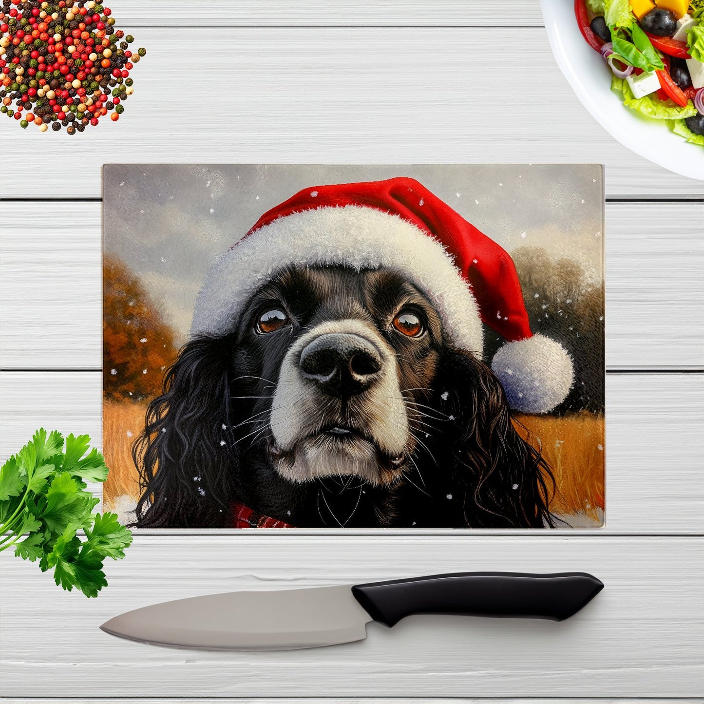 Christmas Cocker Spaniel Glass Chopping Board