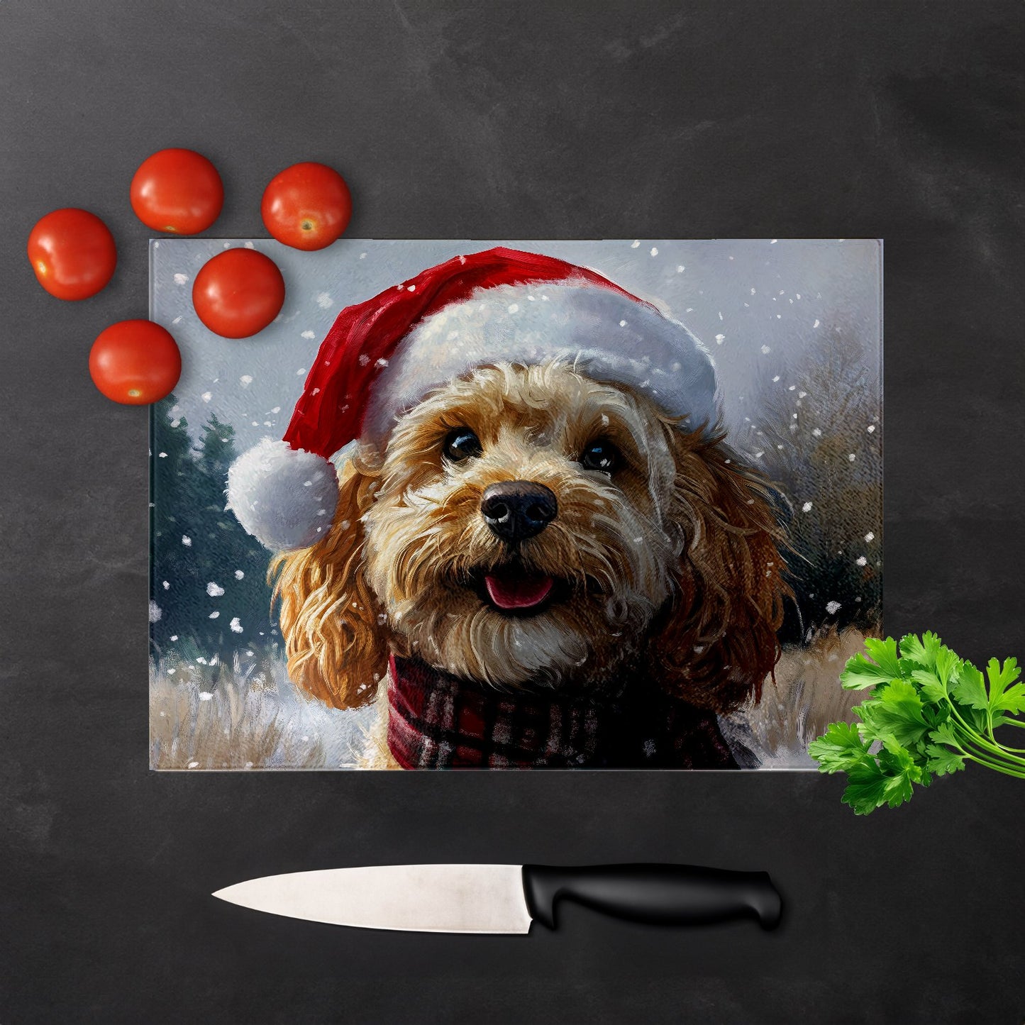 Christmas Cockapoo Glass Chopping Board