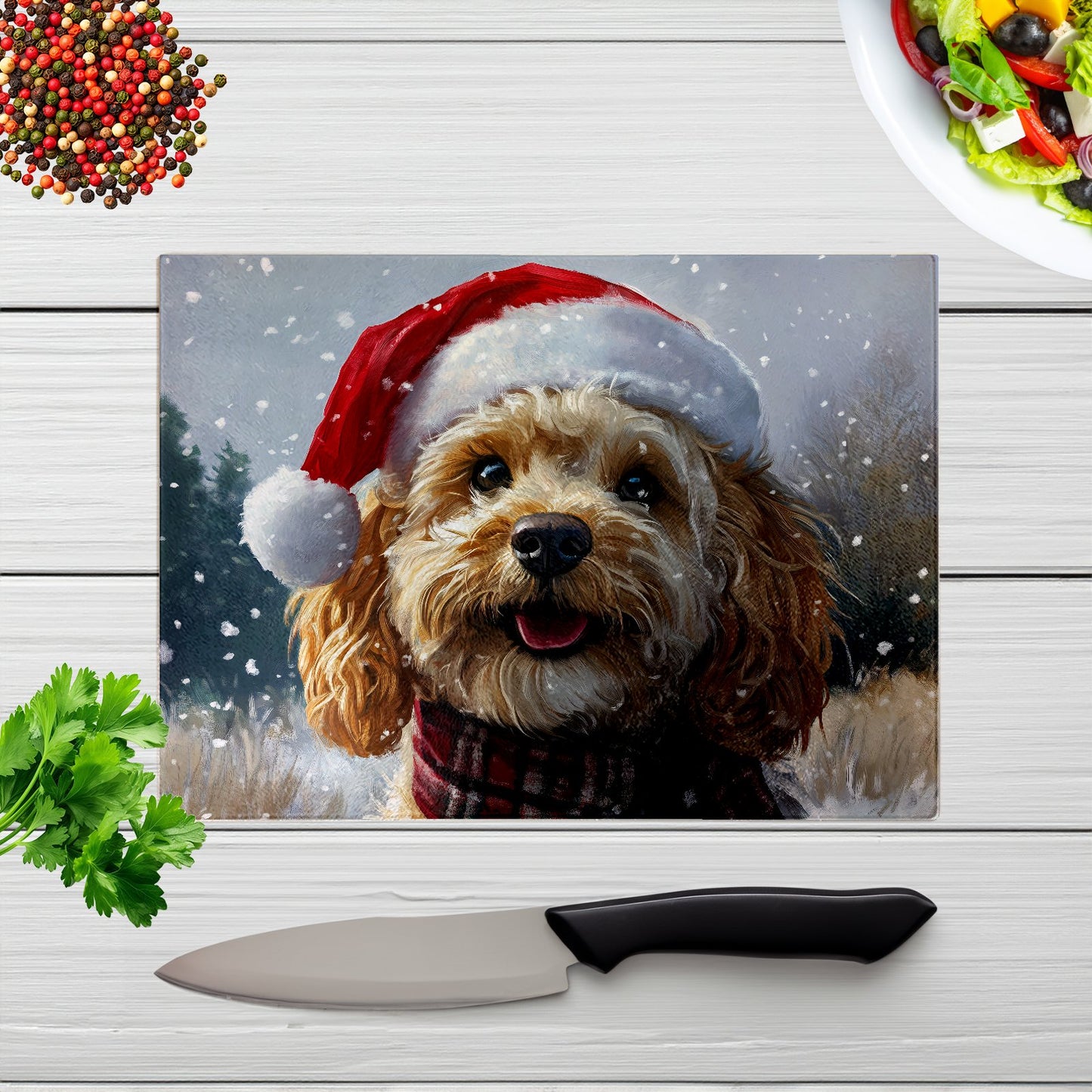 Christmas Cockapoo Glass Chopping Board