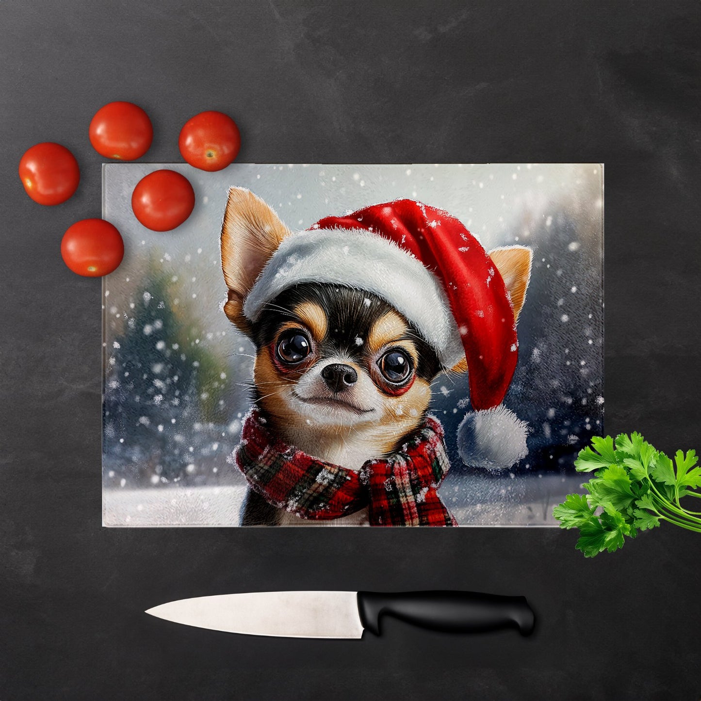Snowy Christmas Chihuahua Glass Chopping Board