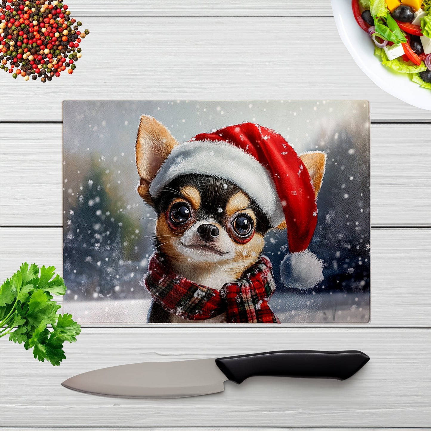 Snowy Christmas Chihuahua Glass Chopping Board