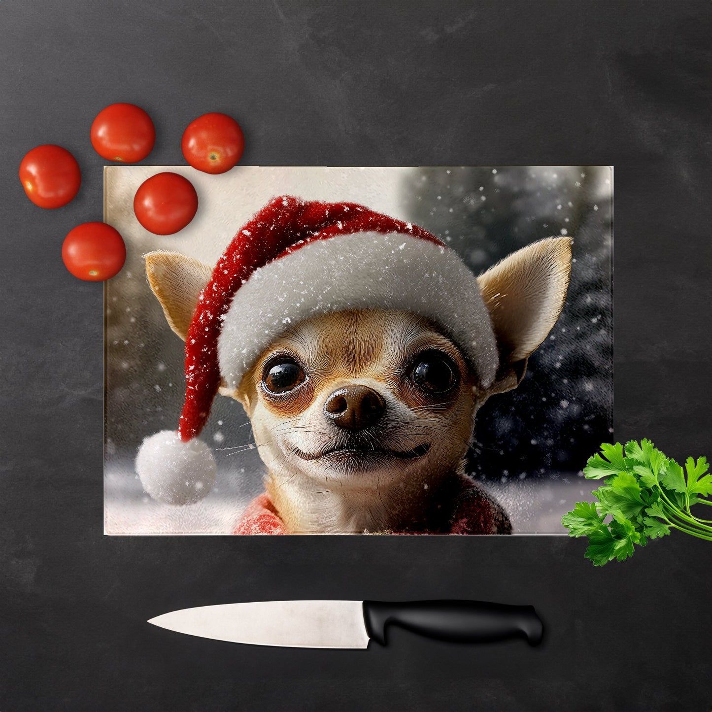 Christmas Chihuahua Glass Chopping Board