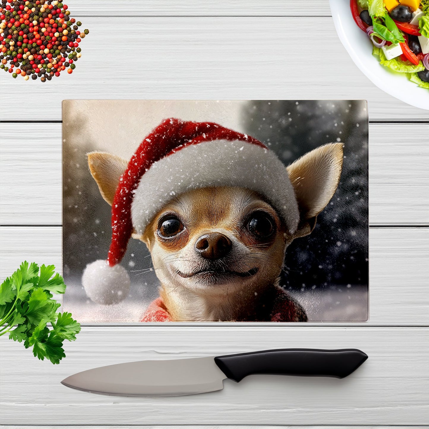Christmas Chihuahua Glass Chopping Board