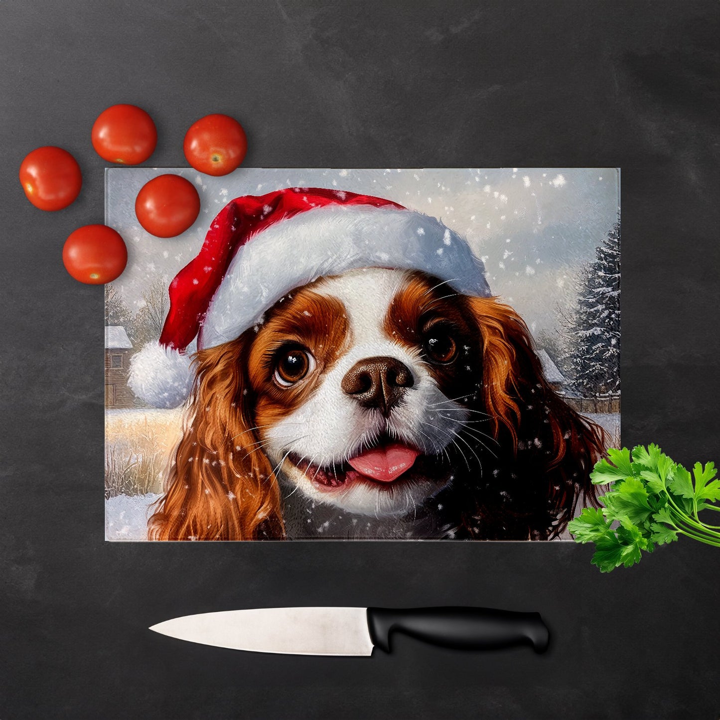 Snowy Christmas Cavalier King Charles Spaniel Glass Chopping Board