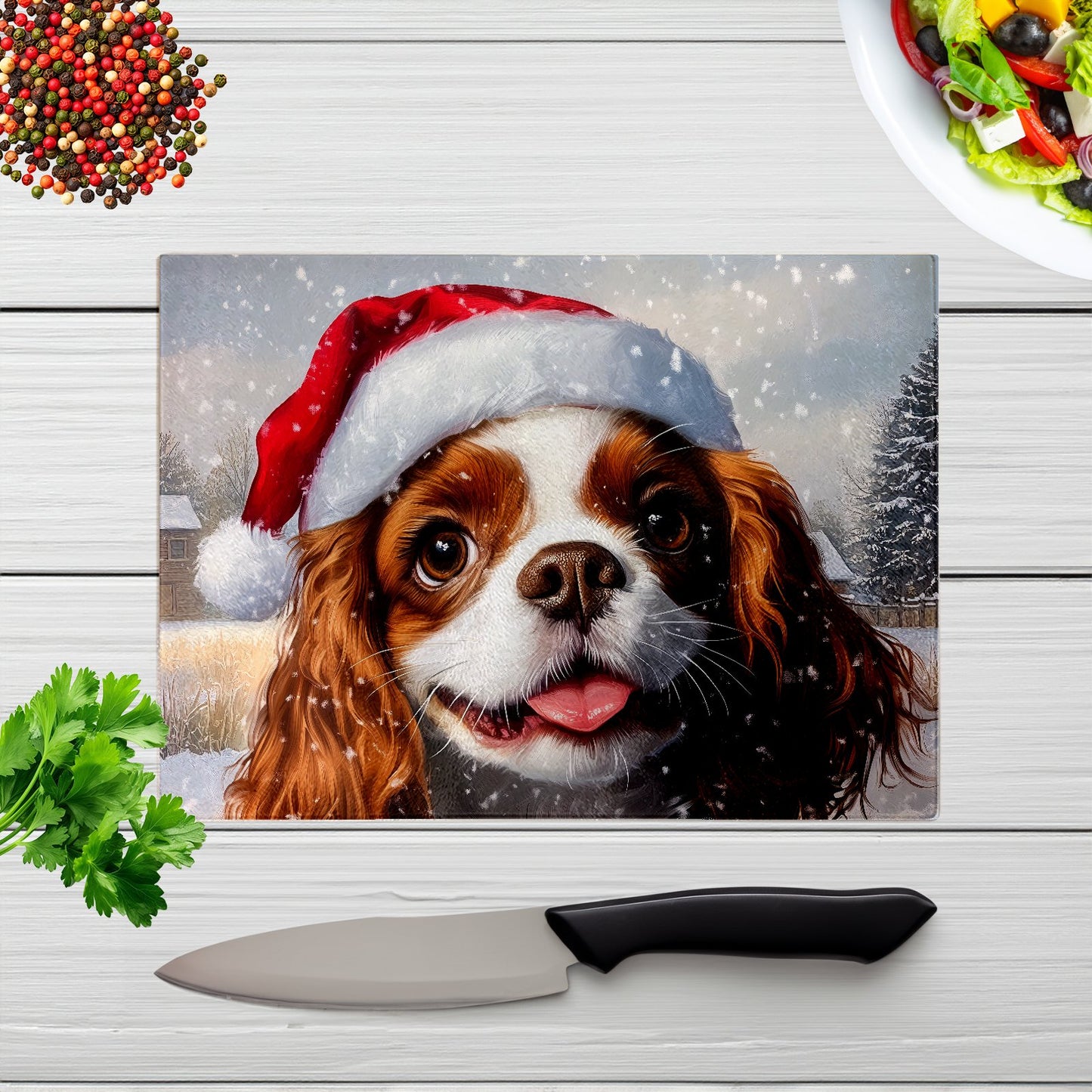 Snowy Christmas Cavalier King Charles Spaniel Glass Chopping Board
