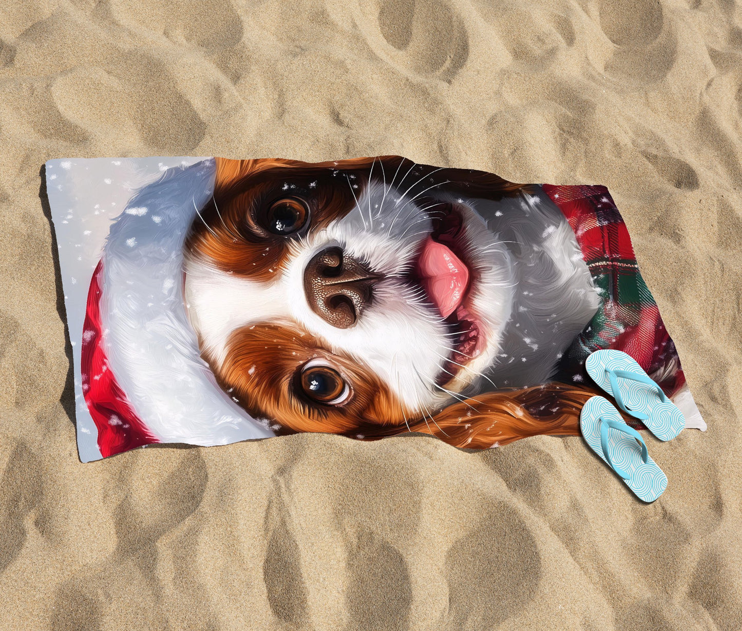 Snowy Christmas Cavalier King Charles Spaniel Beach Towel