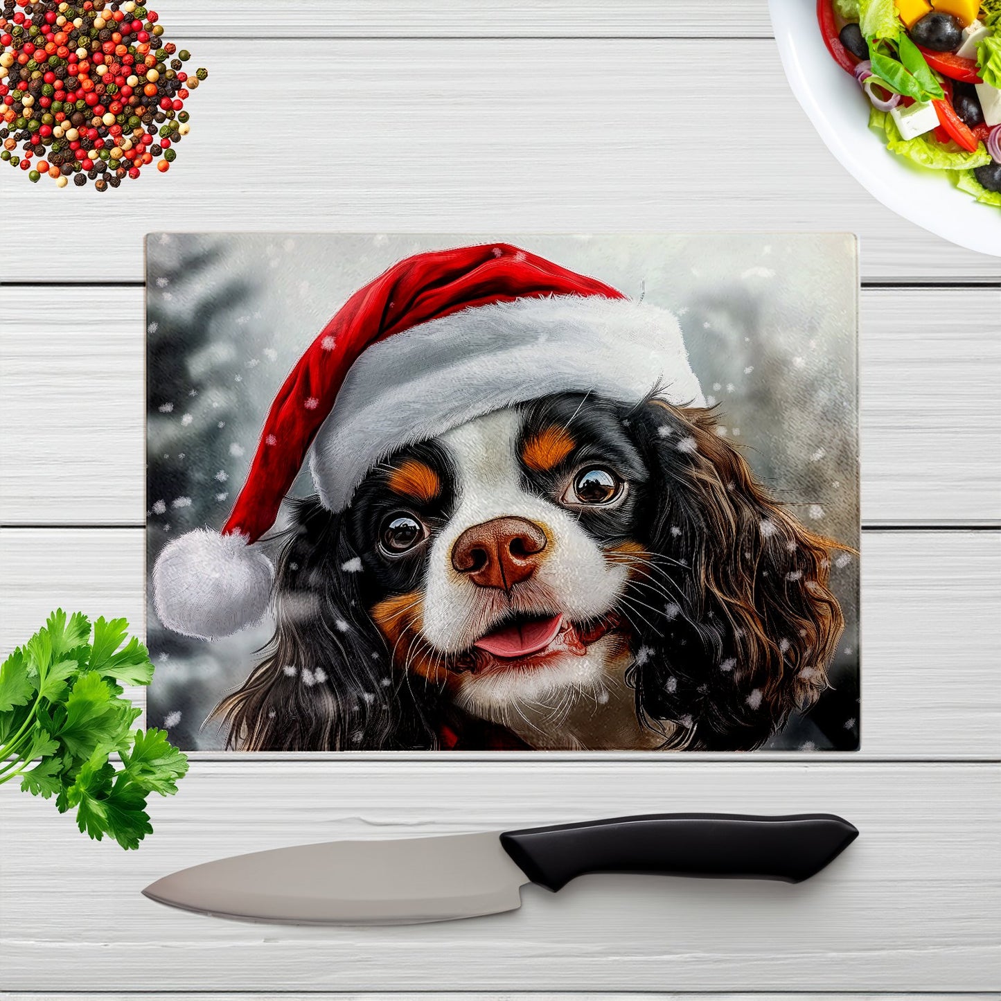 Christmas Cavalier King Charles Spaniel Glass Chopping Board