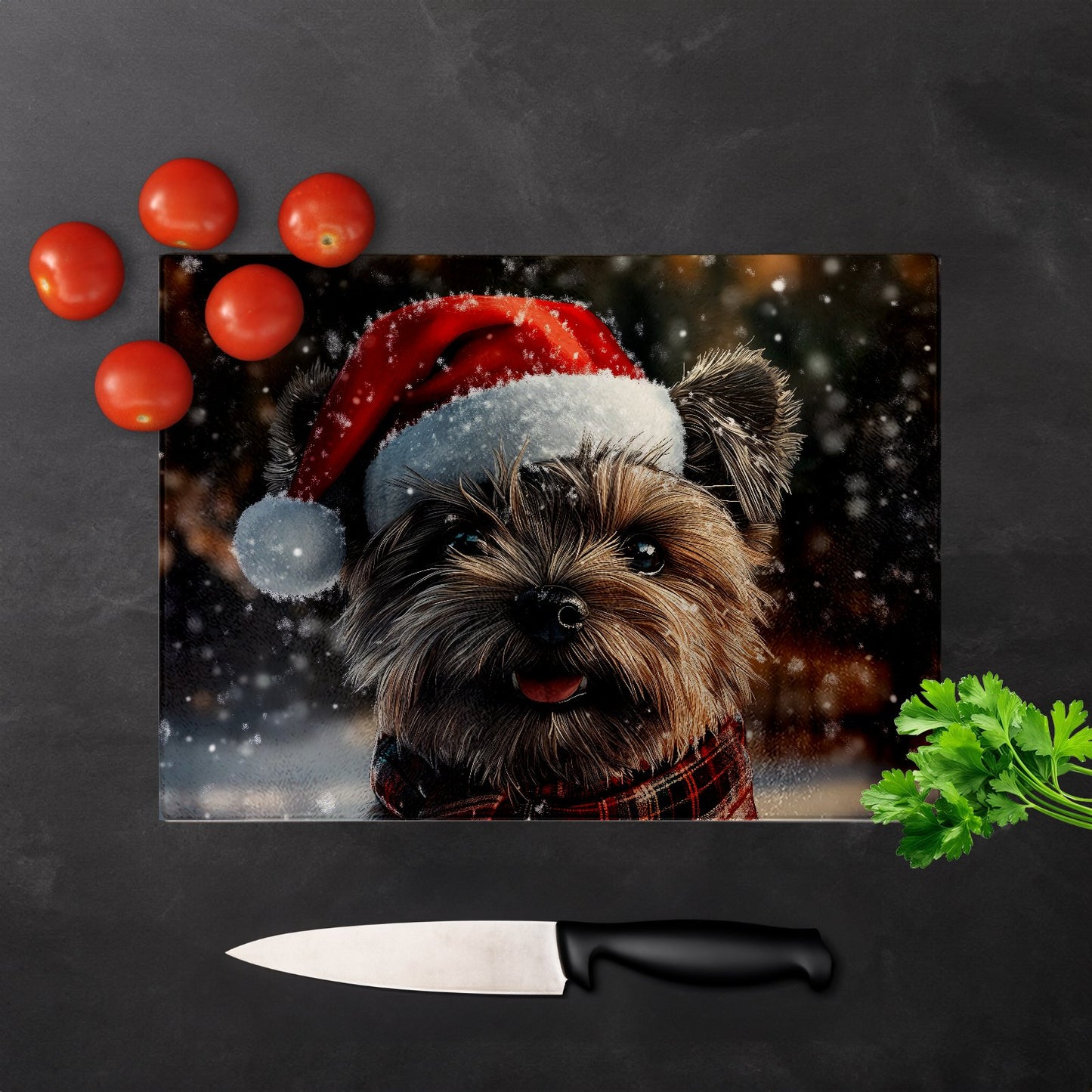 Snowy Christmas Cairn Terrier Glass Chopping Board