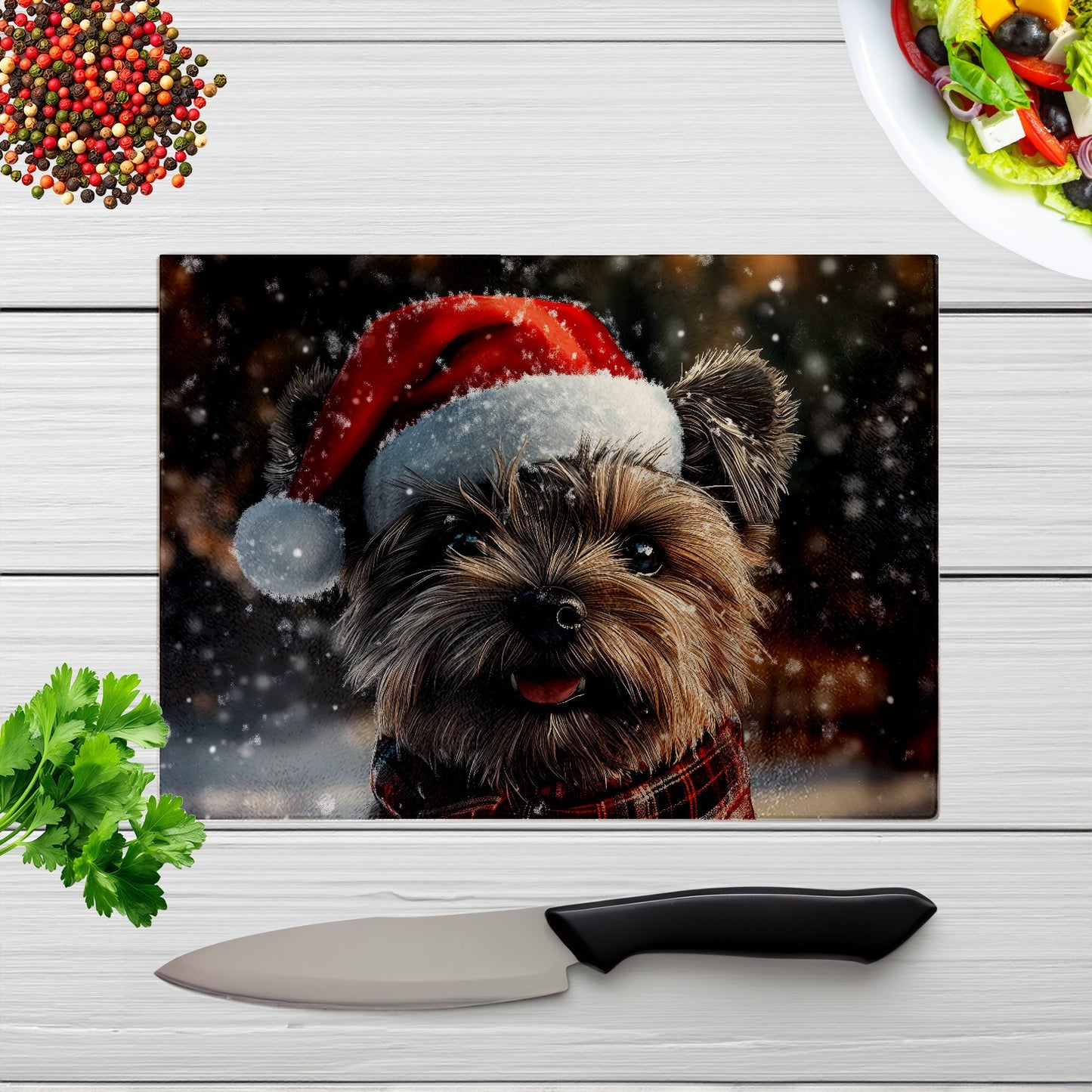 Snowy Christmas Cairn Terrier Glass Chopping Board