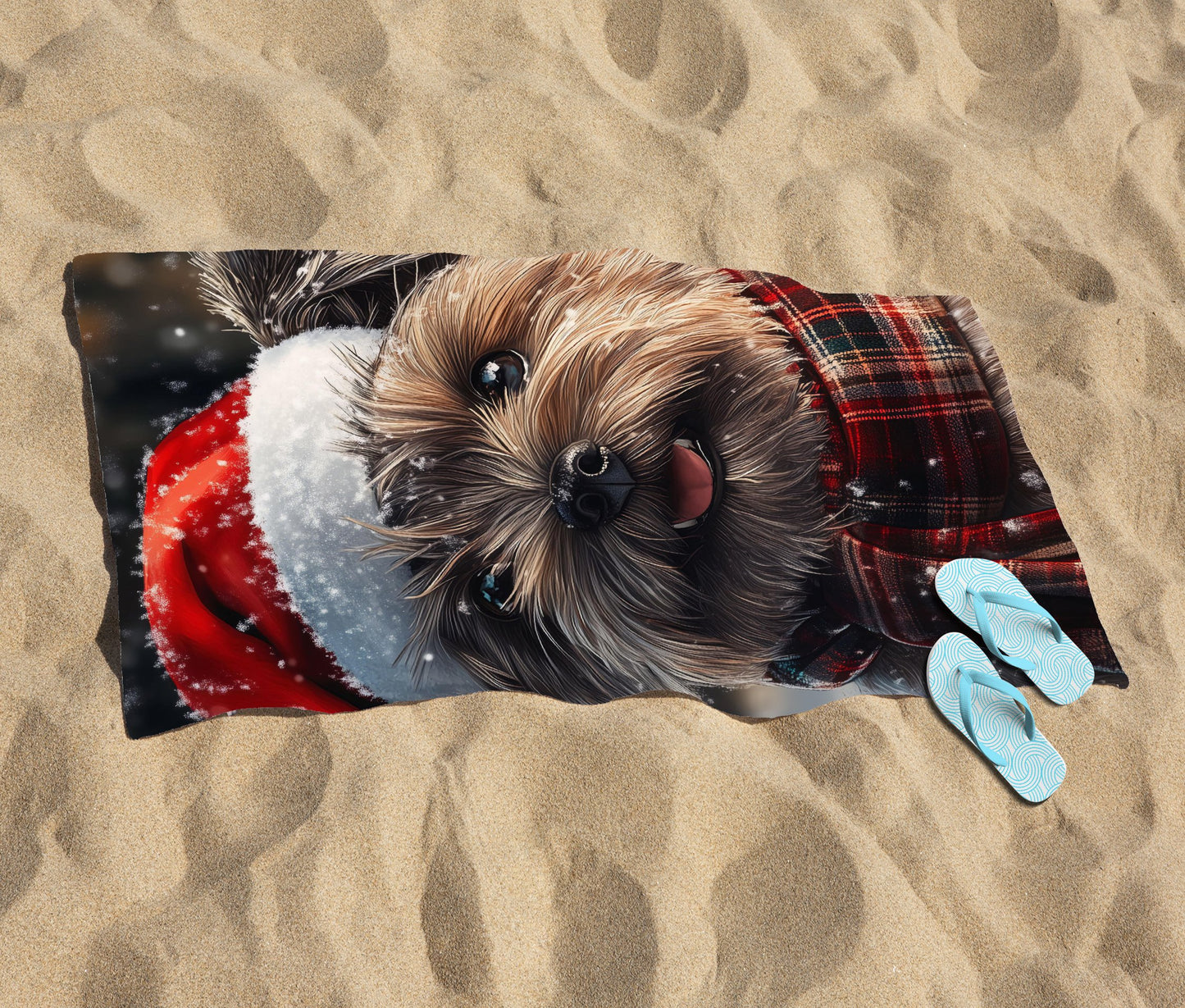 Snowy Christmas Cairn Terrier Beach Towel