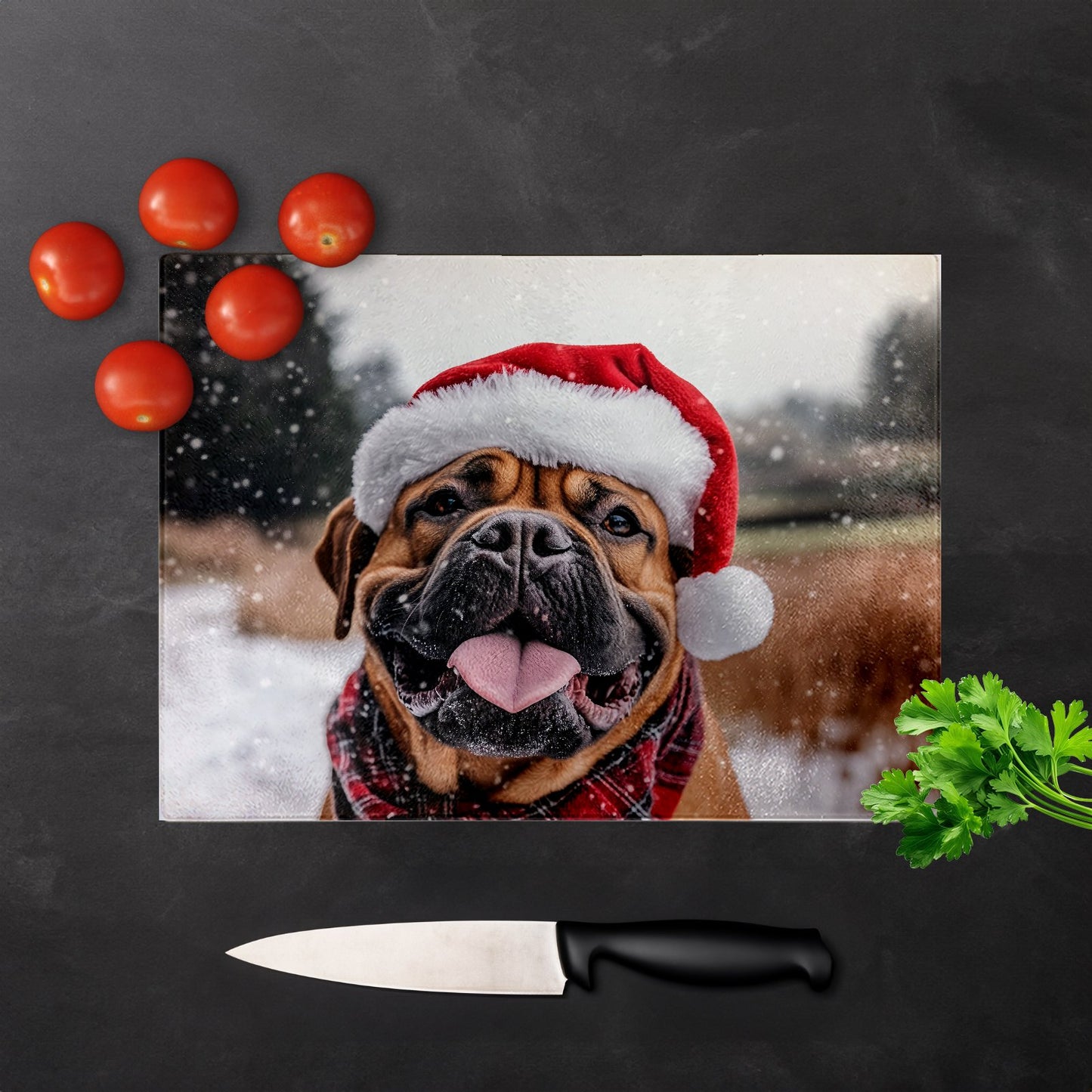 Snowy Christmas Bullmastiff Glass Chopping Board