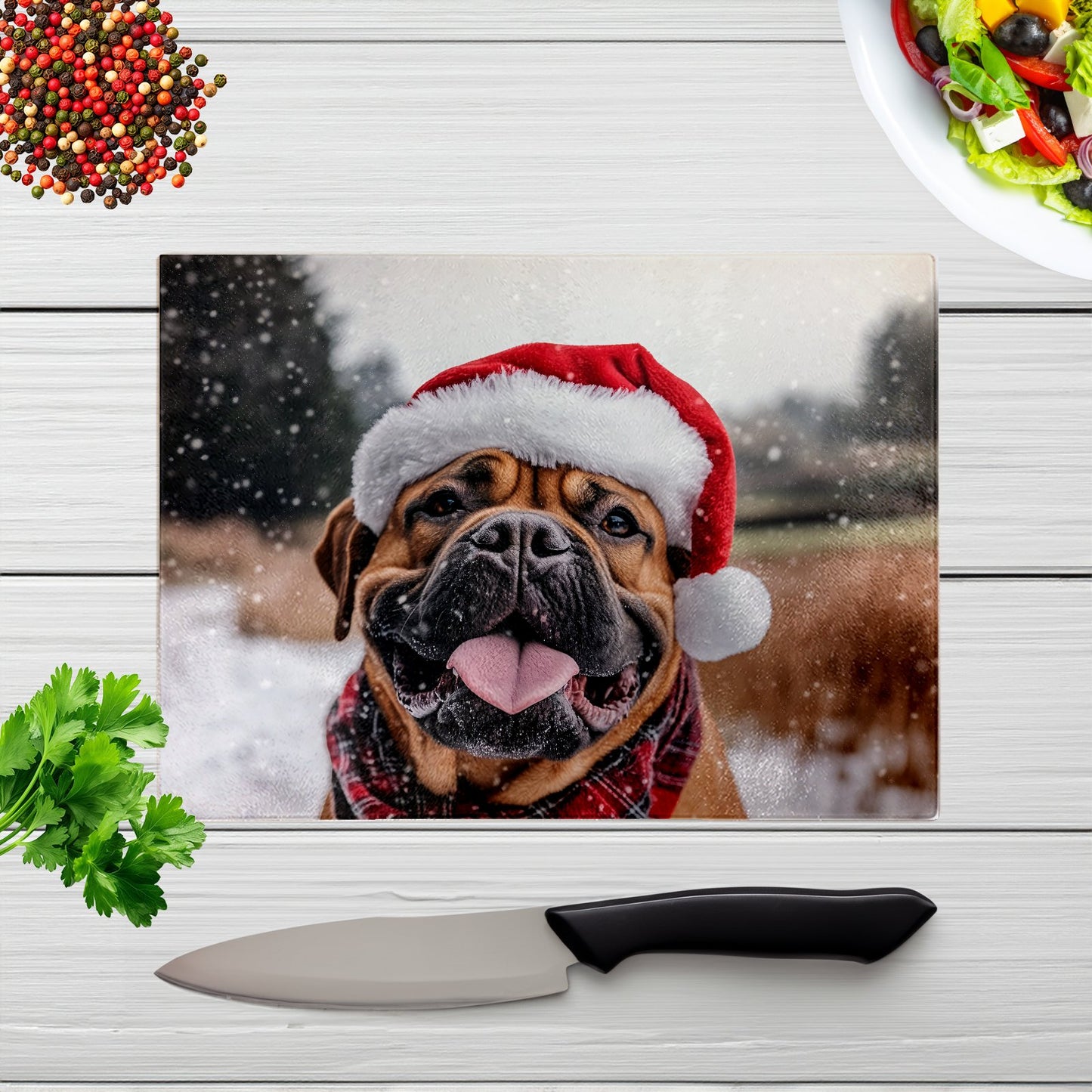 Snowy Christmas Bullmastiff Glass Chopping Board