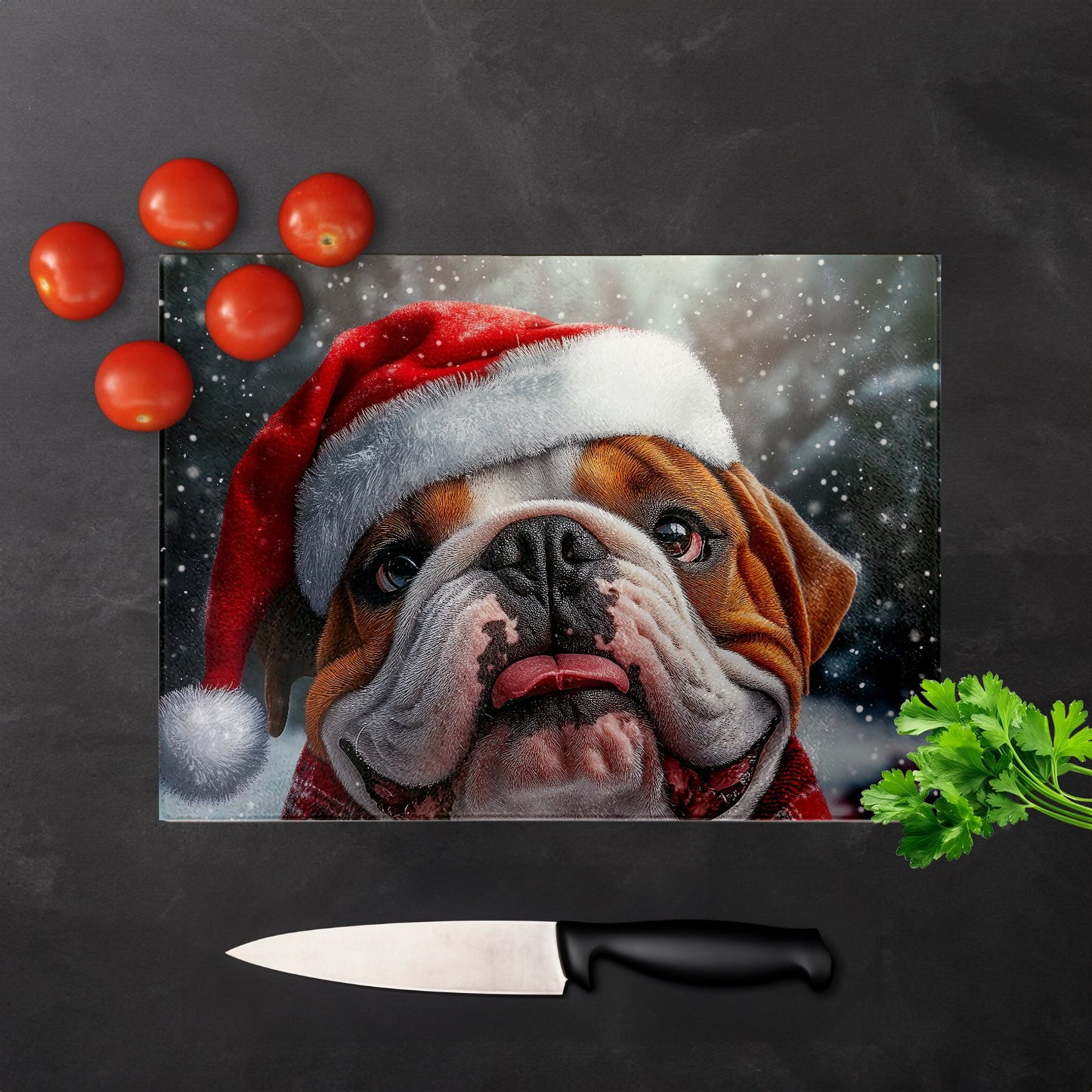 Snowy Christmas Bulldog Glass Chopping Board