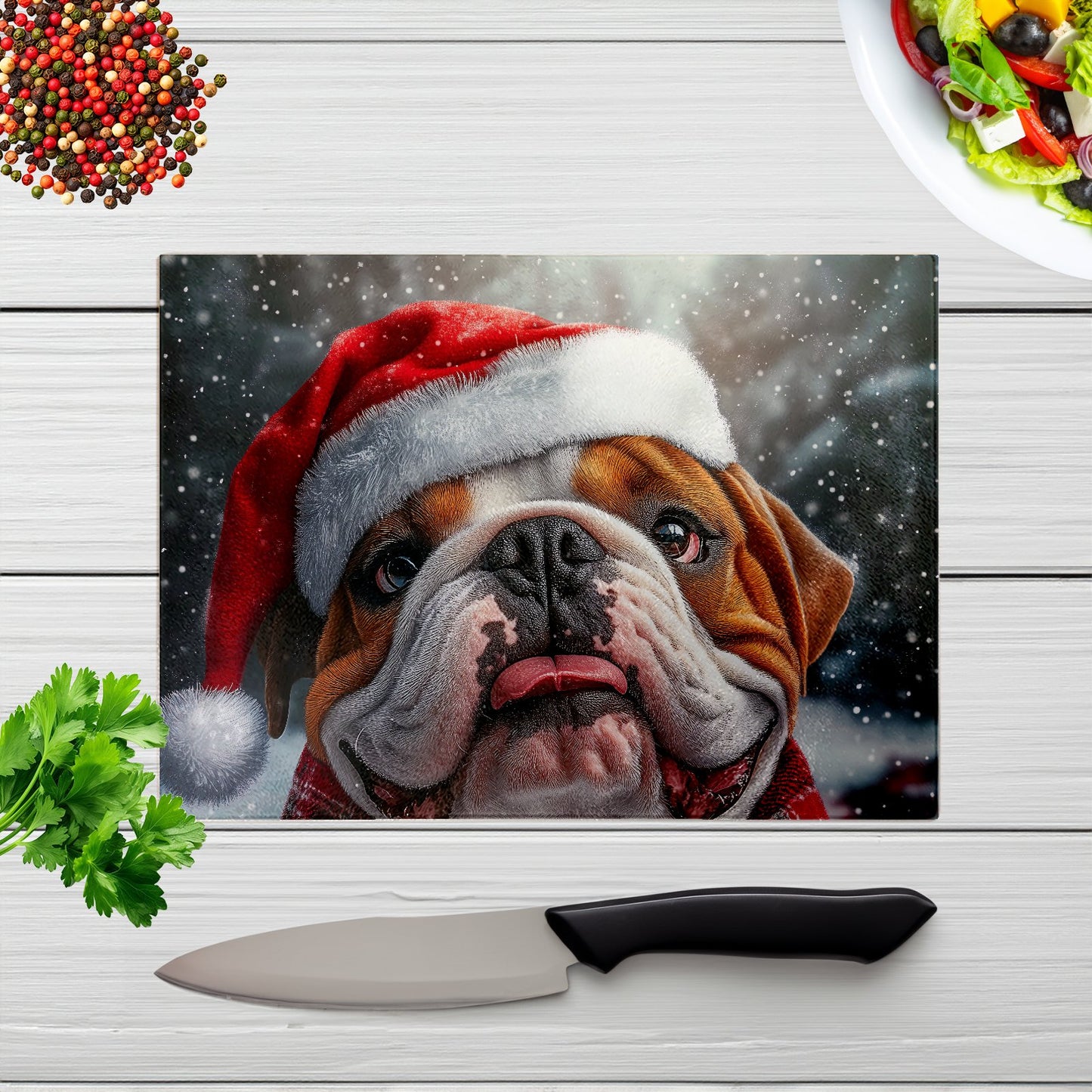 Snowy Christmas Bulldog Glass Chopping Board