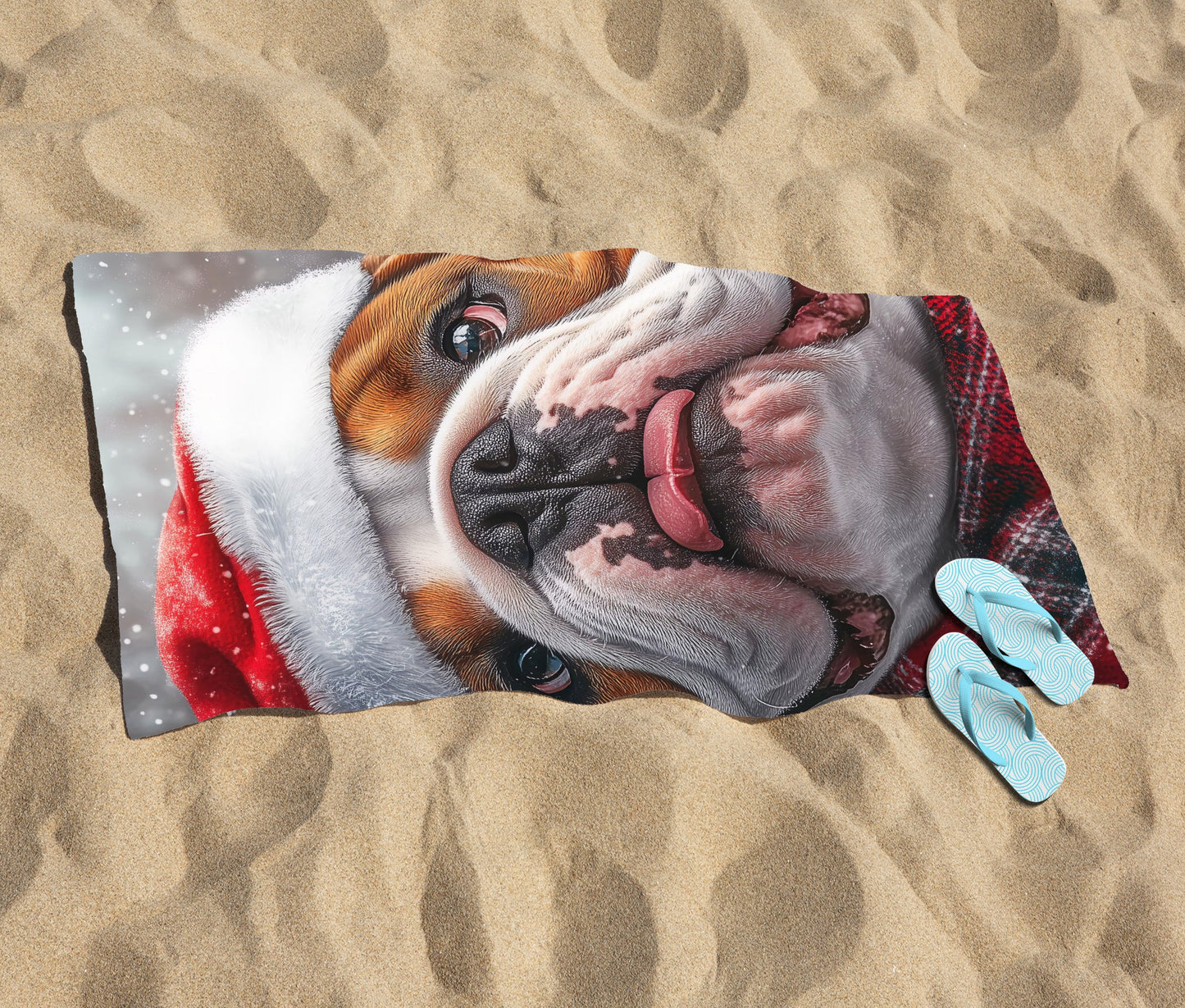 Snowy Christmas Bulldog Beach Towel