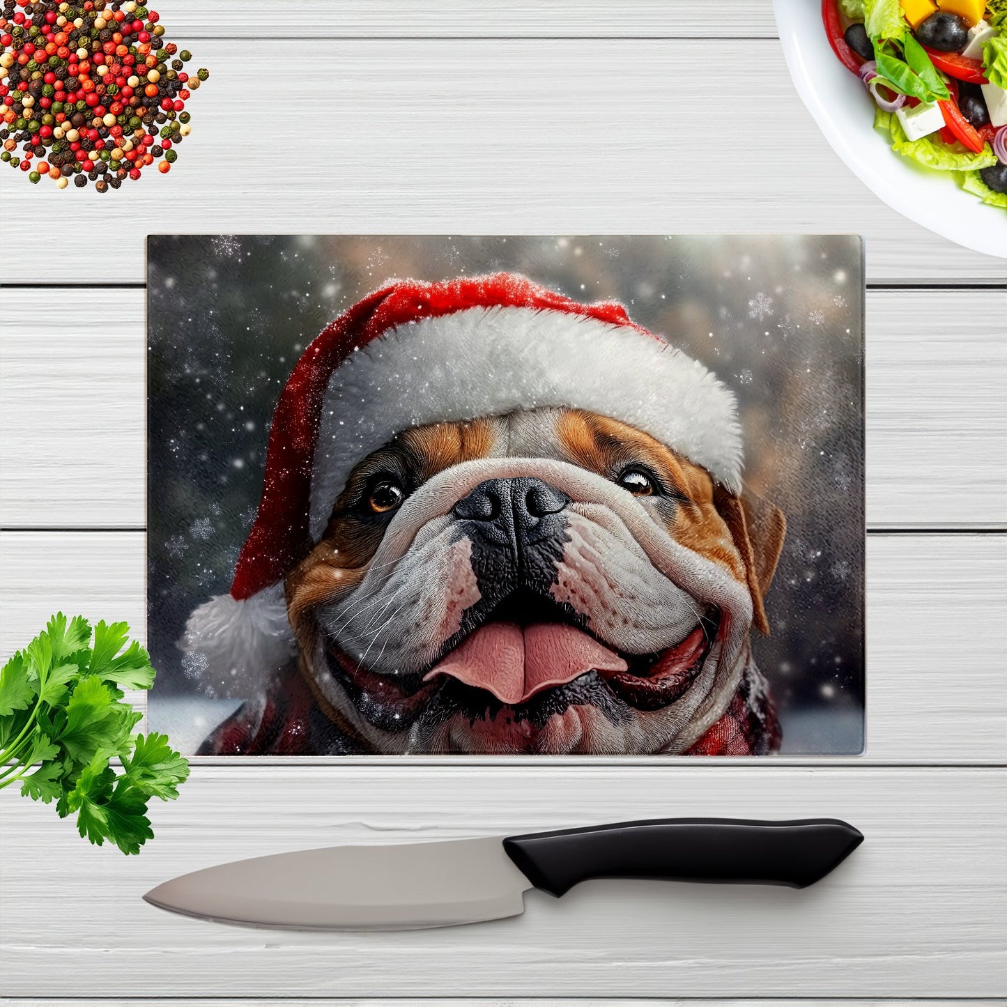 Christmas Bulldog Glass Chopping Board