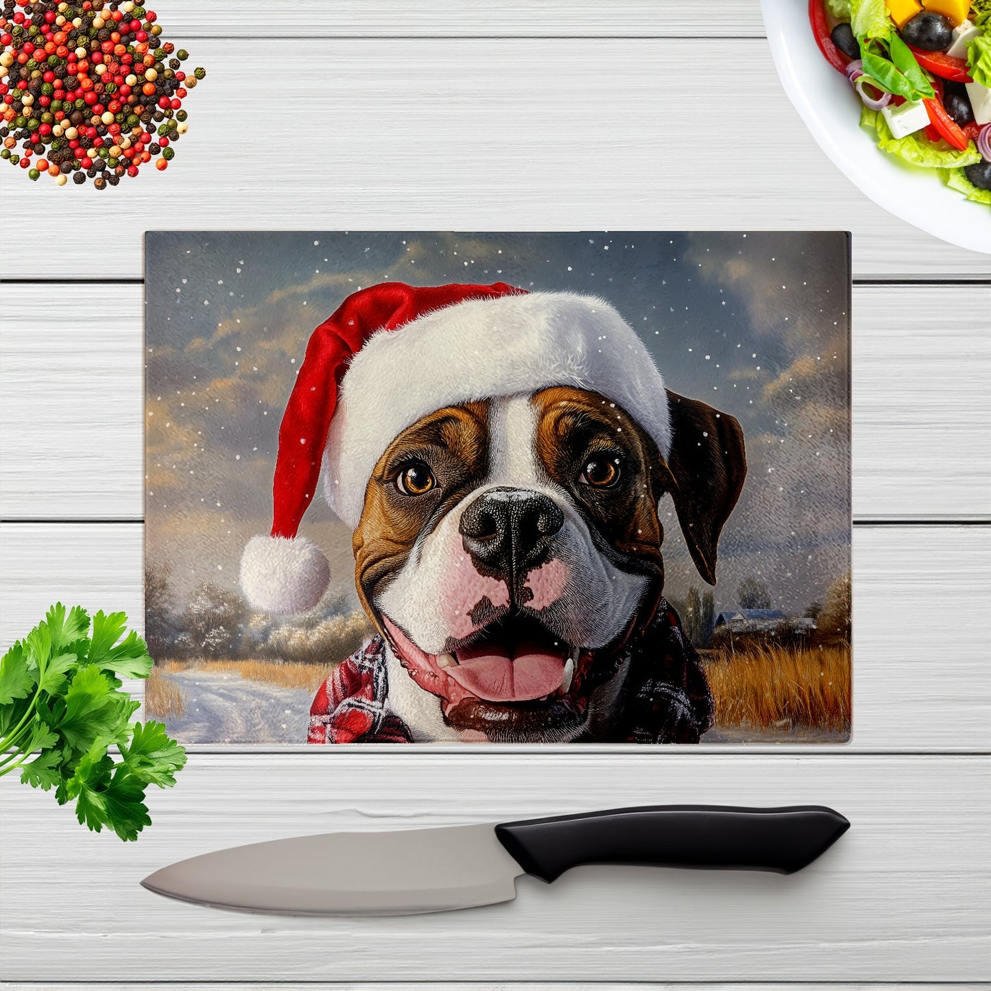 Snowy Christmas Boxer Dog Glass Chopping Board