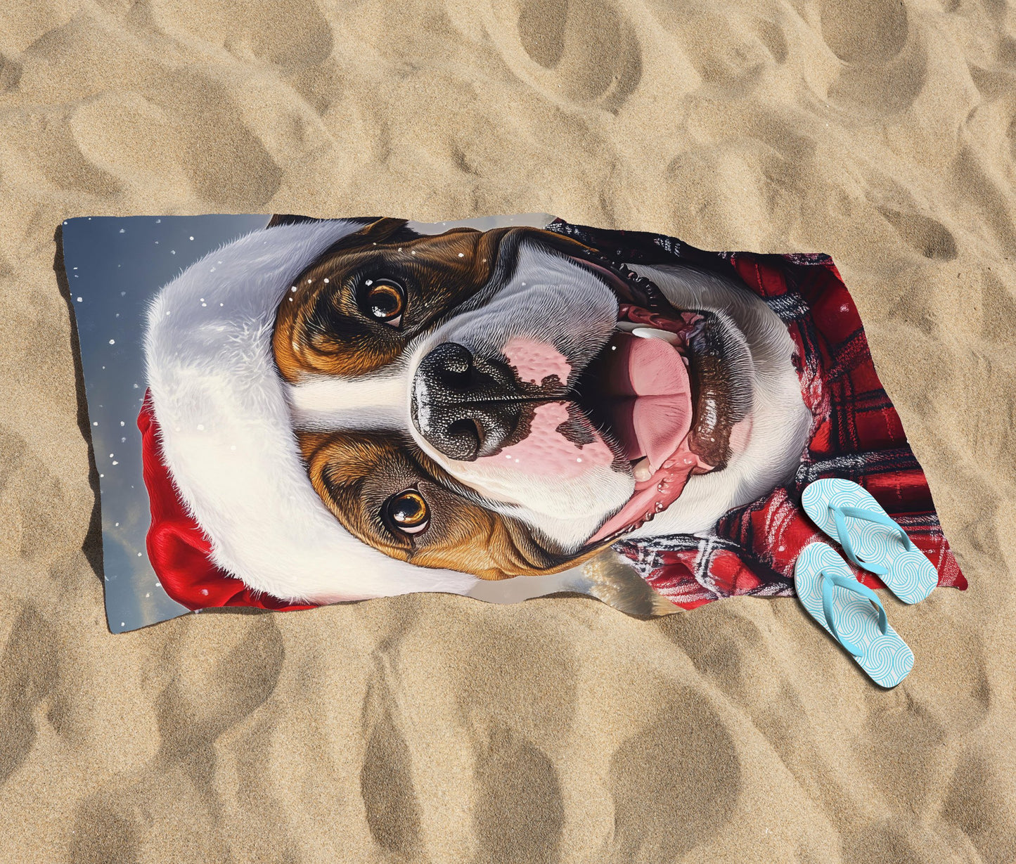 Snowy Christmas Boxer Dog Beach Towel