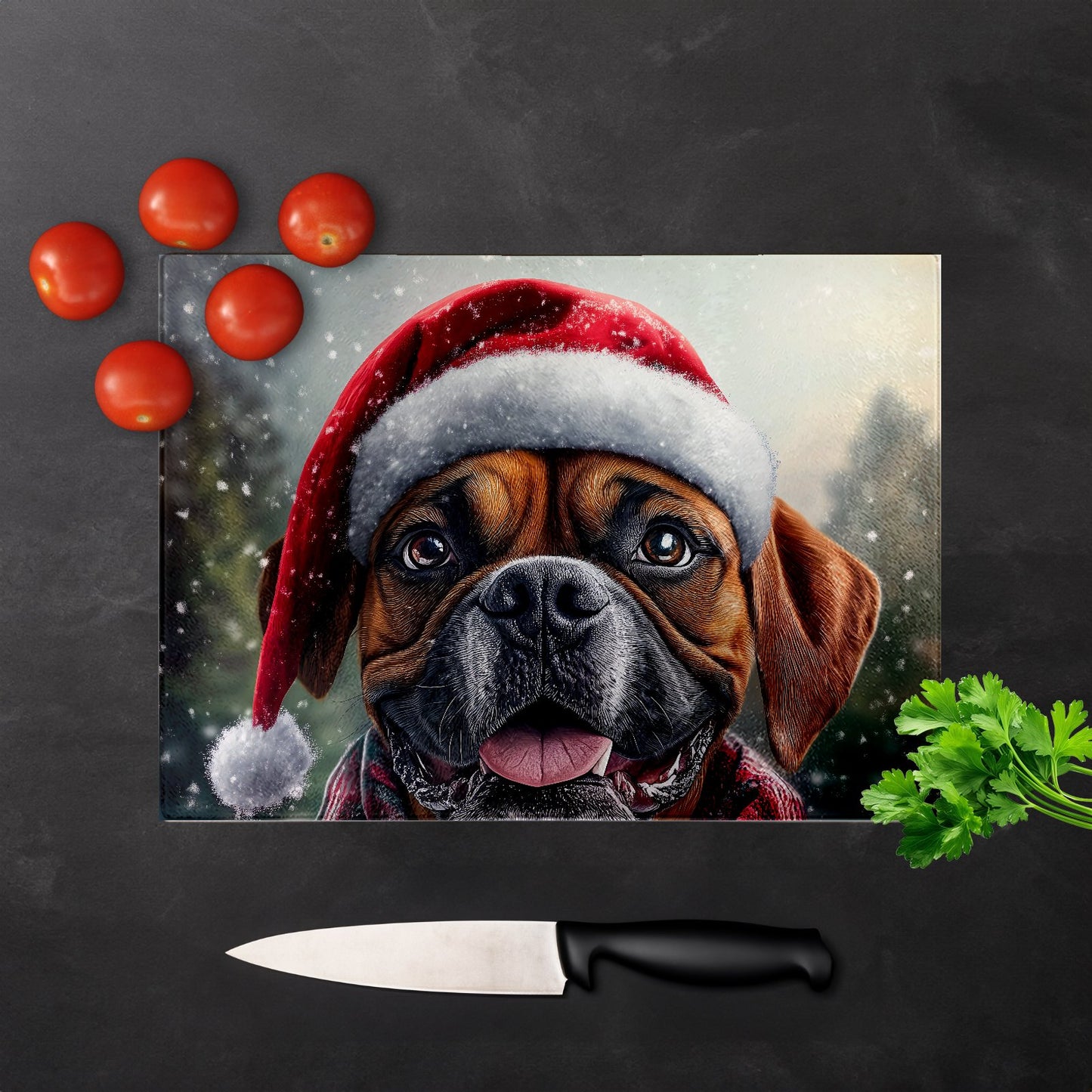 Christmas Boxer Dog Glass Chopping Board