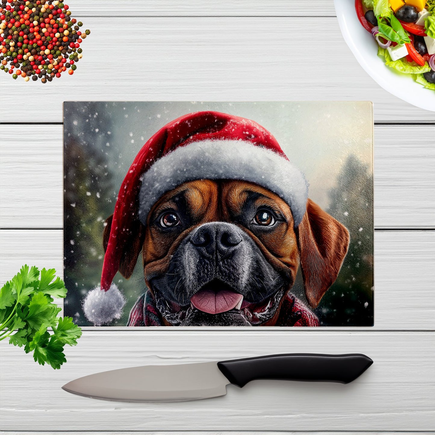Christmas Boxer Dog Glass Chopping Board