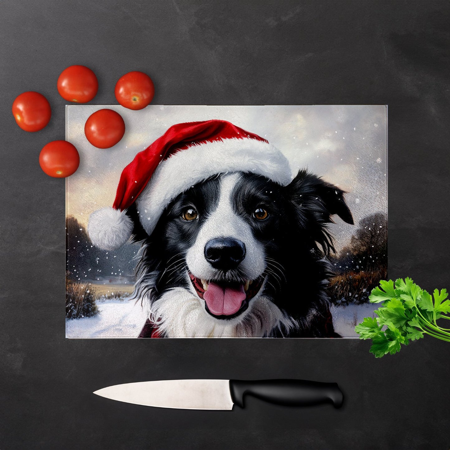 Christmas Border Collie Glass Chopping Board