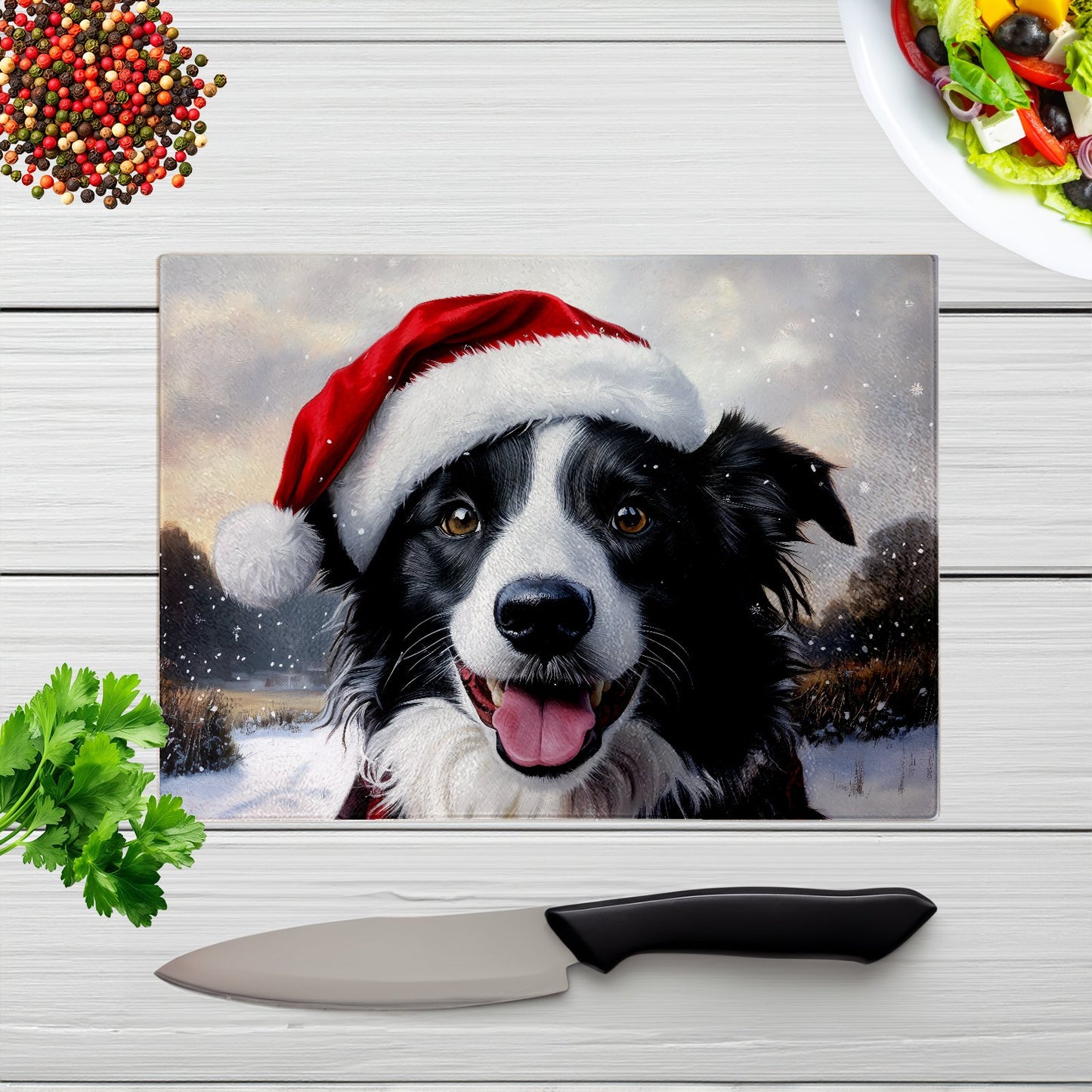Christmas Border Collie Glass Chopping Board