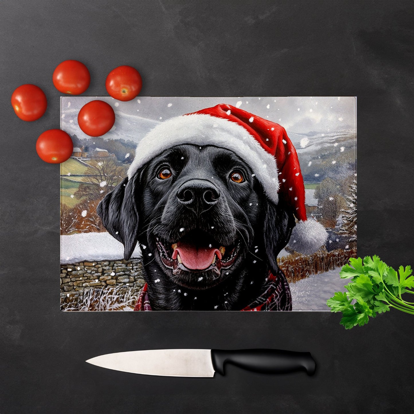 Christmas Black Labrador Glass Chopping Board