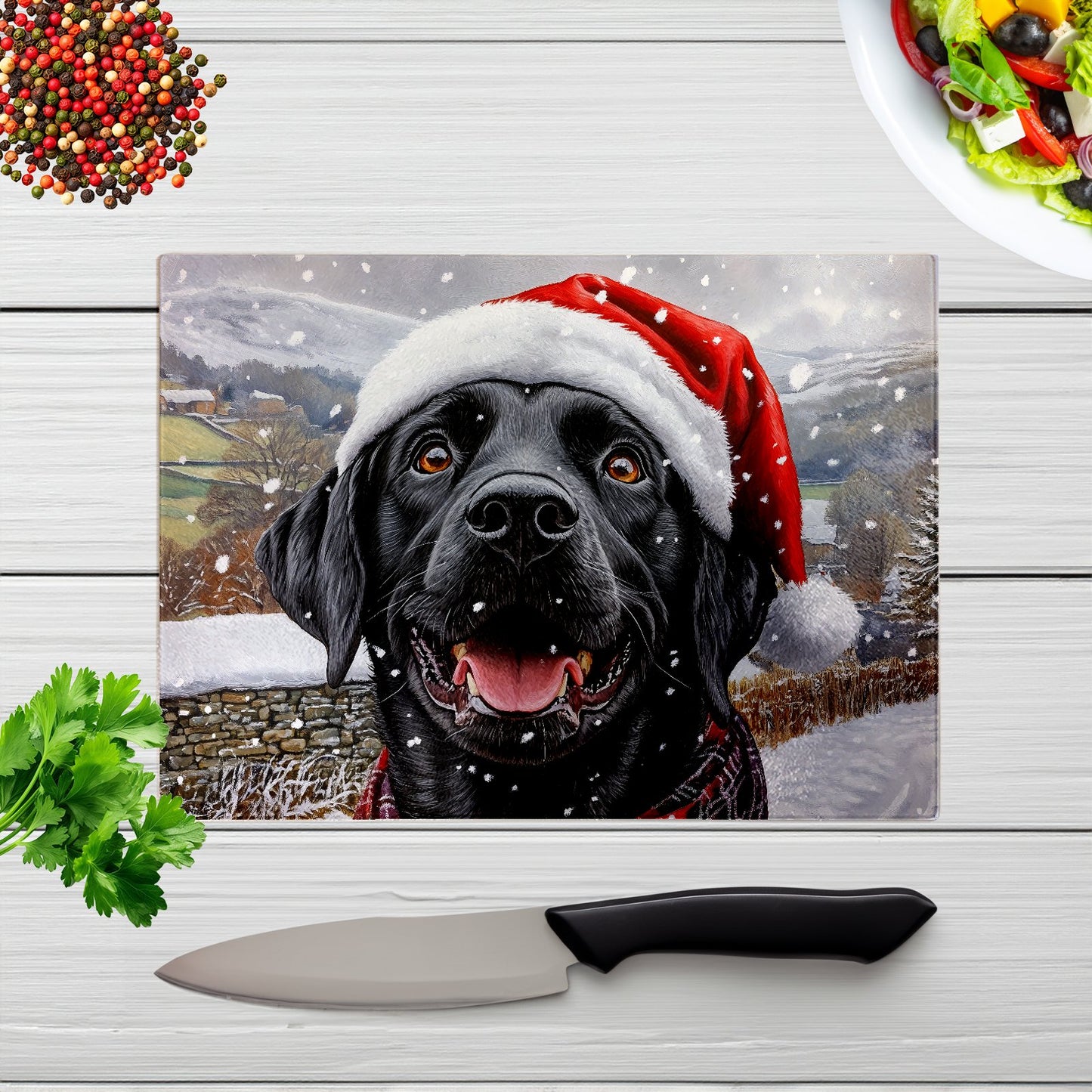 Christmas Black Labrador Glass Chopping Board