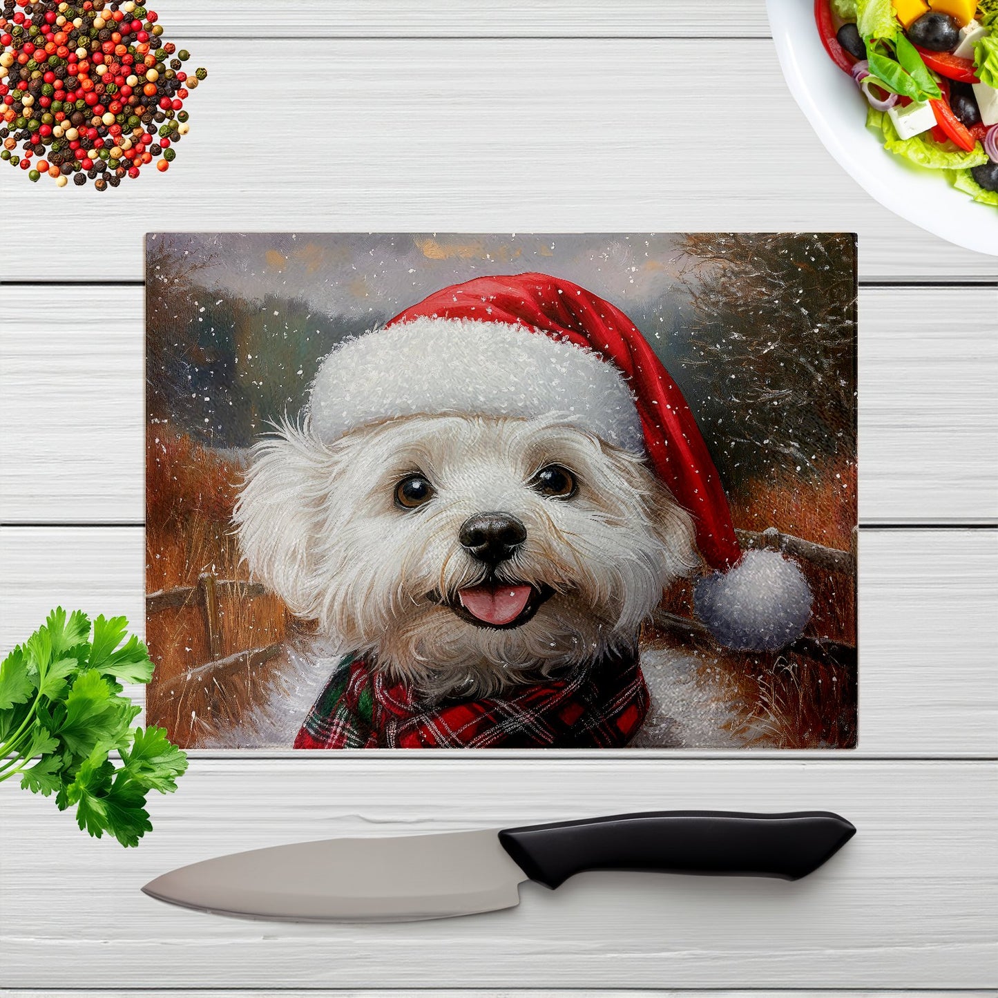 Snowy Christmas Bischon Frise Glass Chopping Board