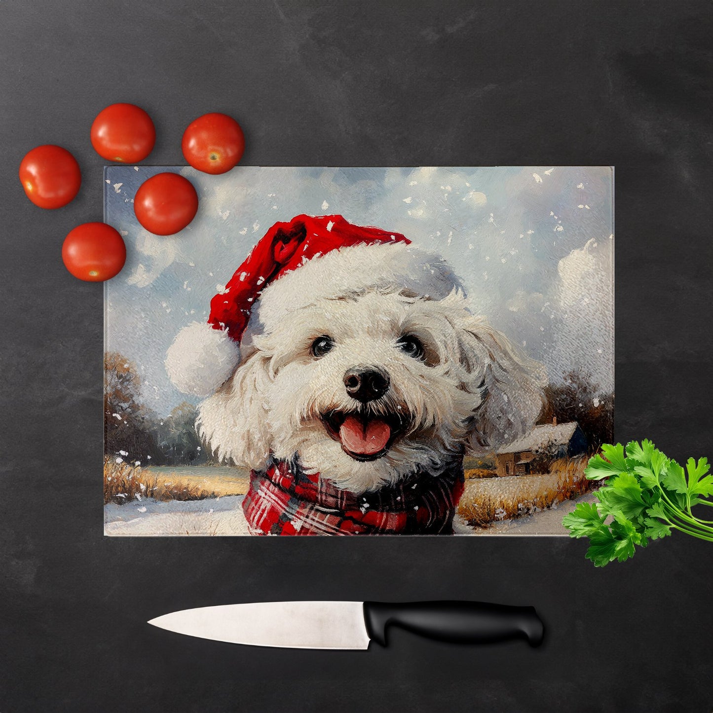 Christmas Bischon Frise Glass Chopping Board
