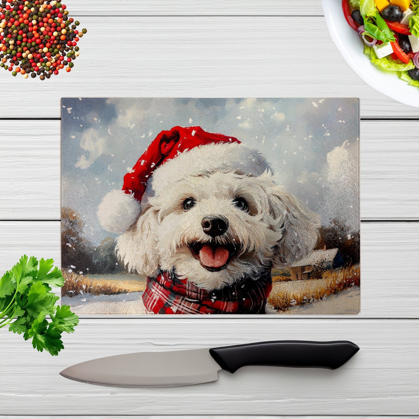 Christmas Bischon Frise Glass Chopping Board