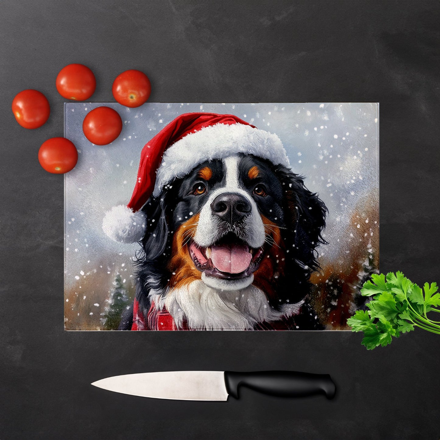 Christmas Bernese Mountain Dog Glass Chopping Board