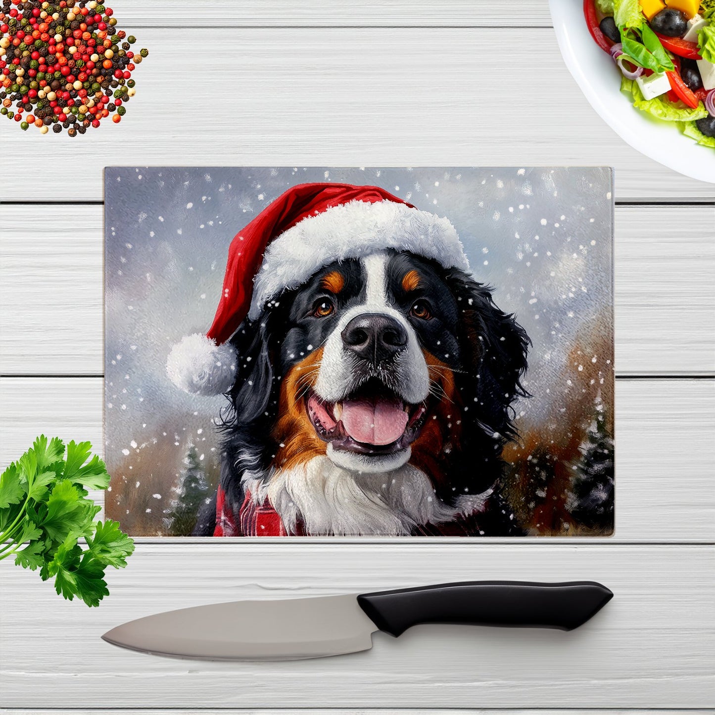 Christmas Bernese Mountain Dog Glass Chopping Board